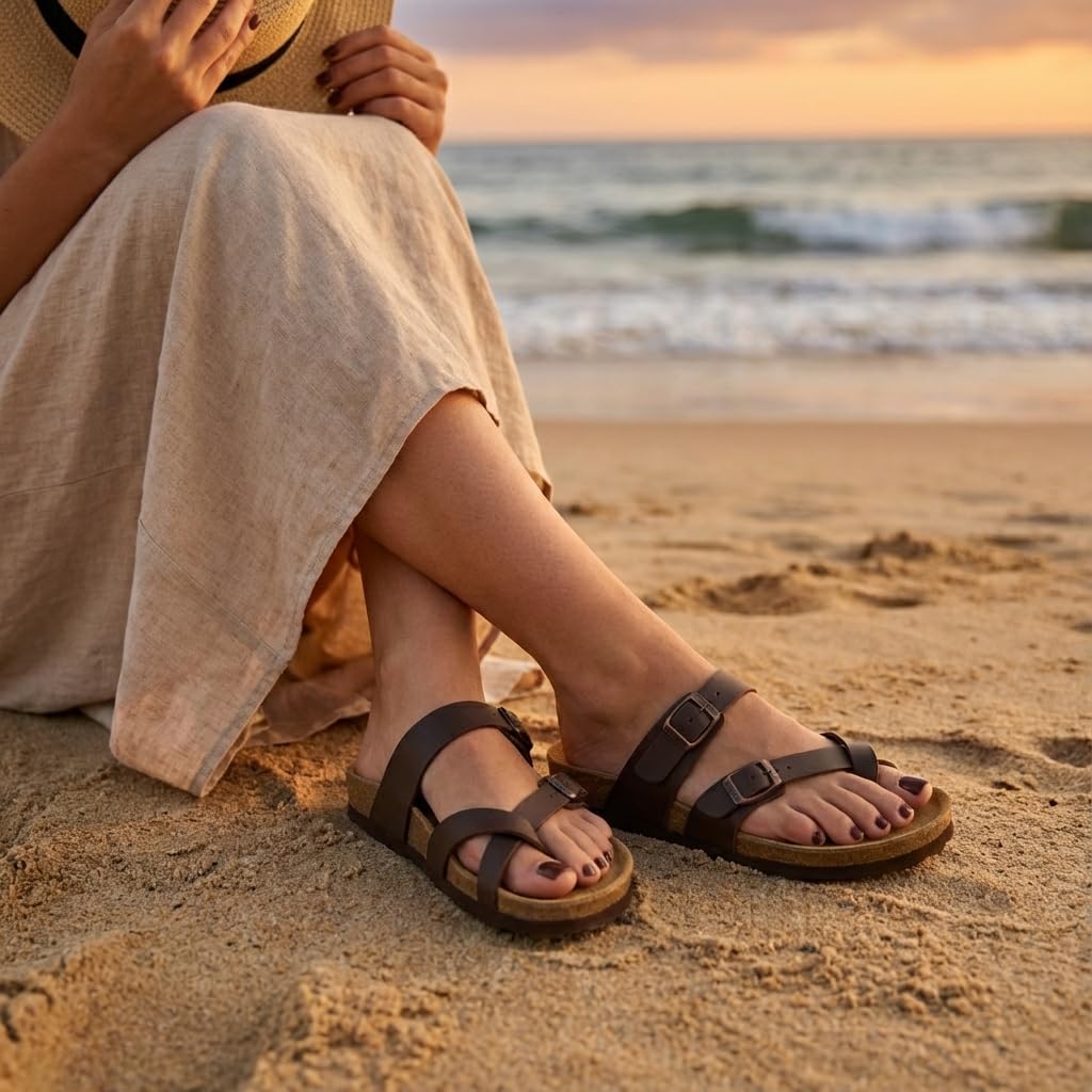 CUSHIONAIRE Luna Sandals for Women, Cork Footbed Womens Sandals for Summer Comfort with Adjustable Straps, Wide Width Available, BROWN 10