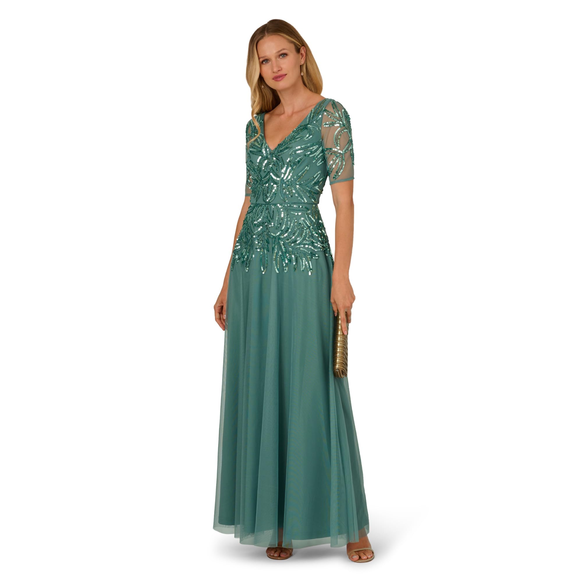 Adrianna Papell Beaded Mesh Long Dress, Green Slate, 4