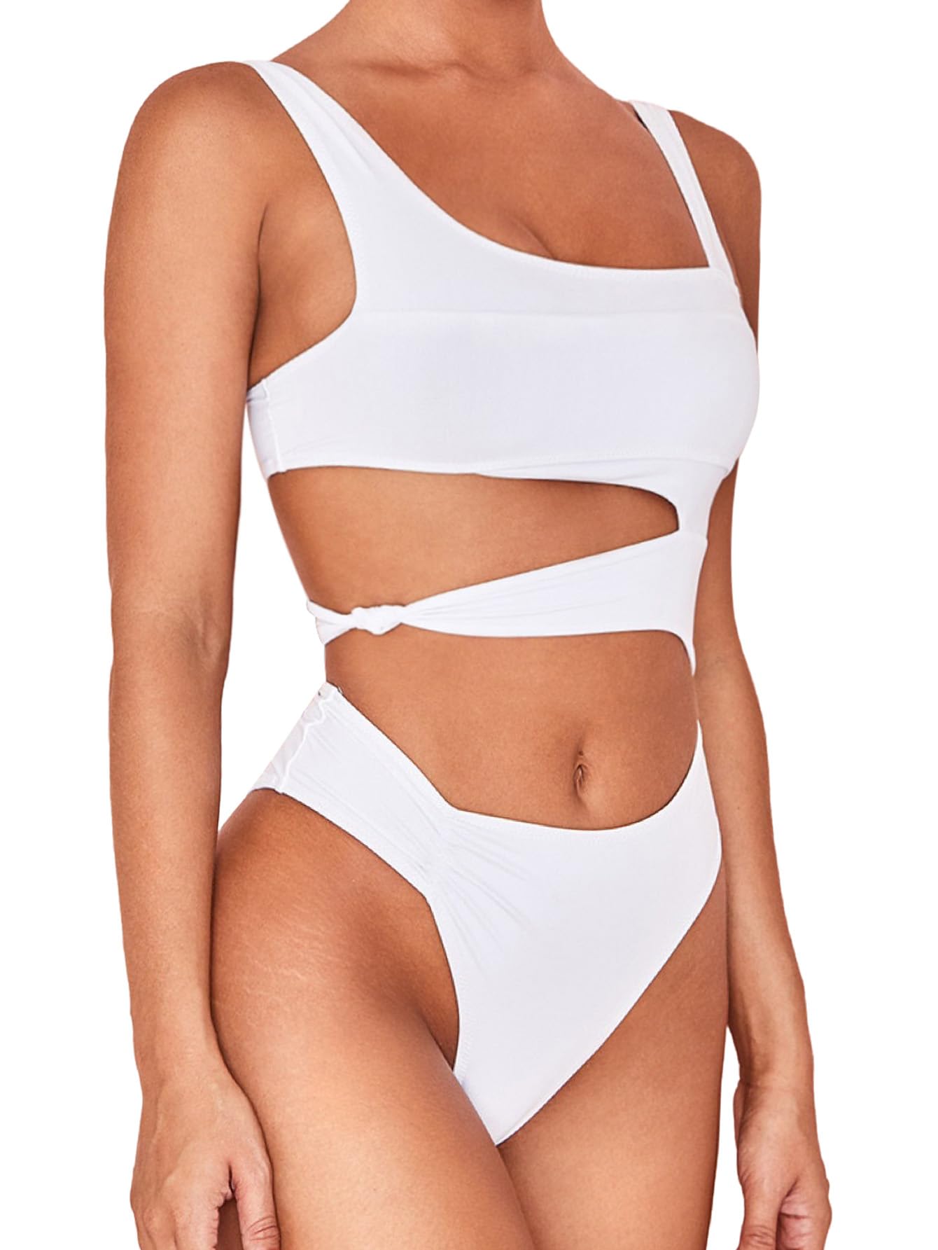 Lilosy Sexy Knotted Ruched Cutout Swimsuit High Cut Leg One Piece Cheekly Bikini Brazilian Women Bathing Suit White Medium