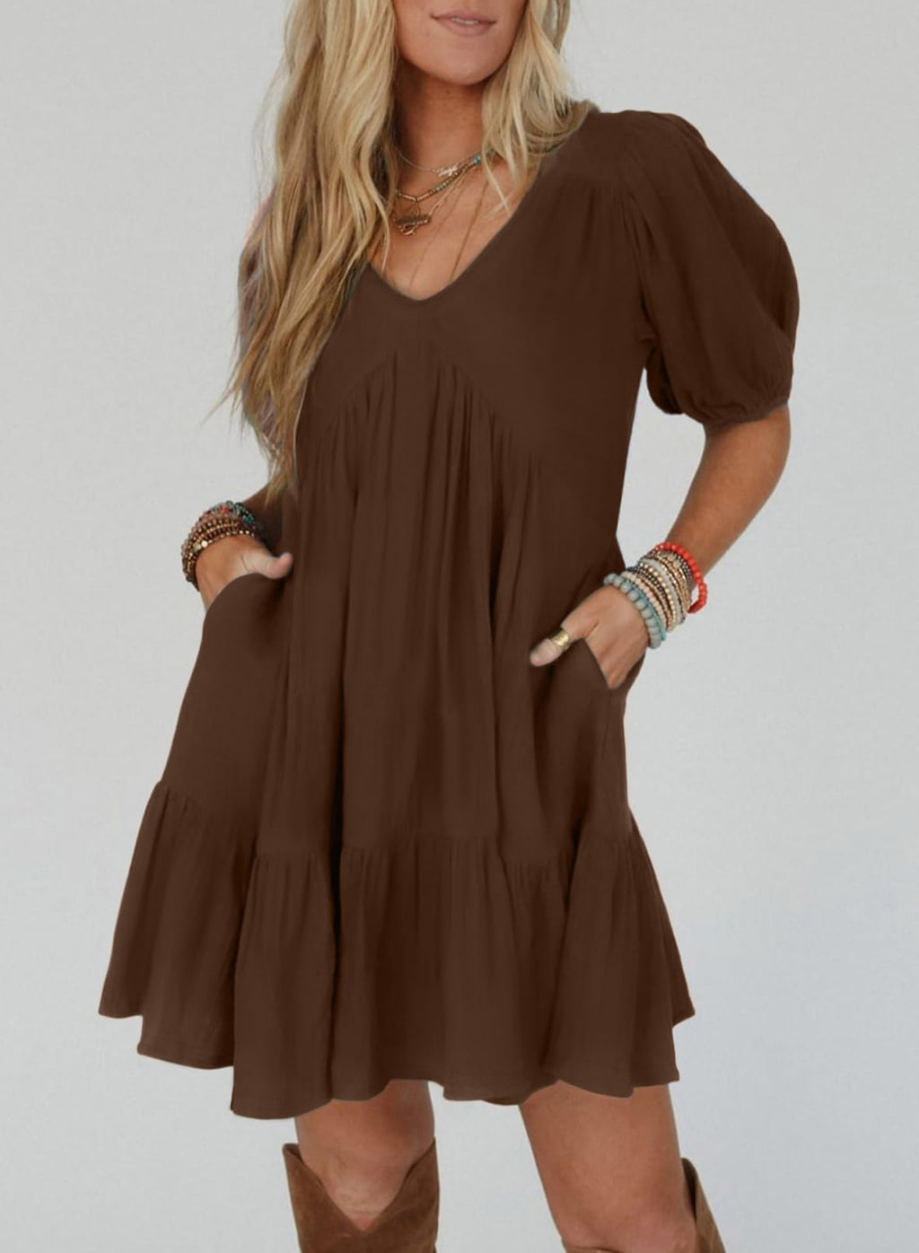 Acelitt Women's Summer Dresses 2026 Beach Casual Deep V Neck Loose Sundress Short Sleeve Mini Dress with Pockets Chicory Coffee Small