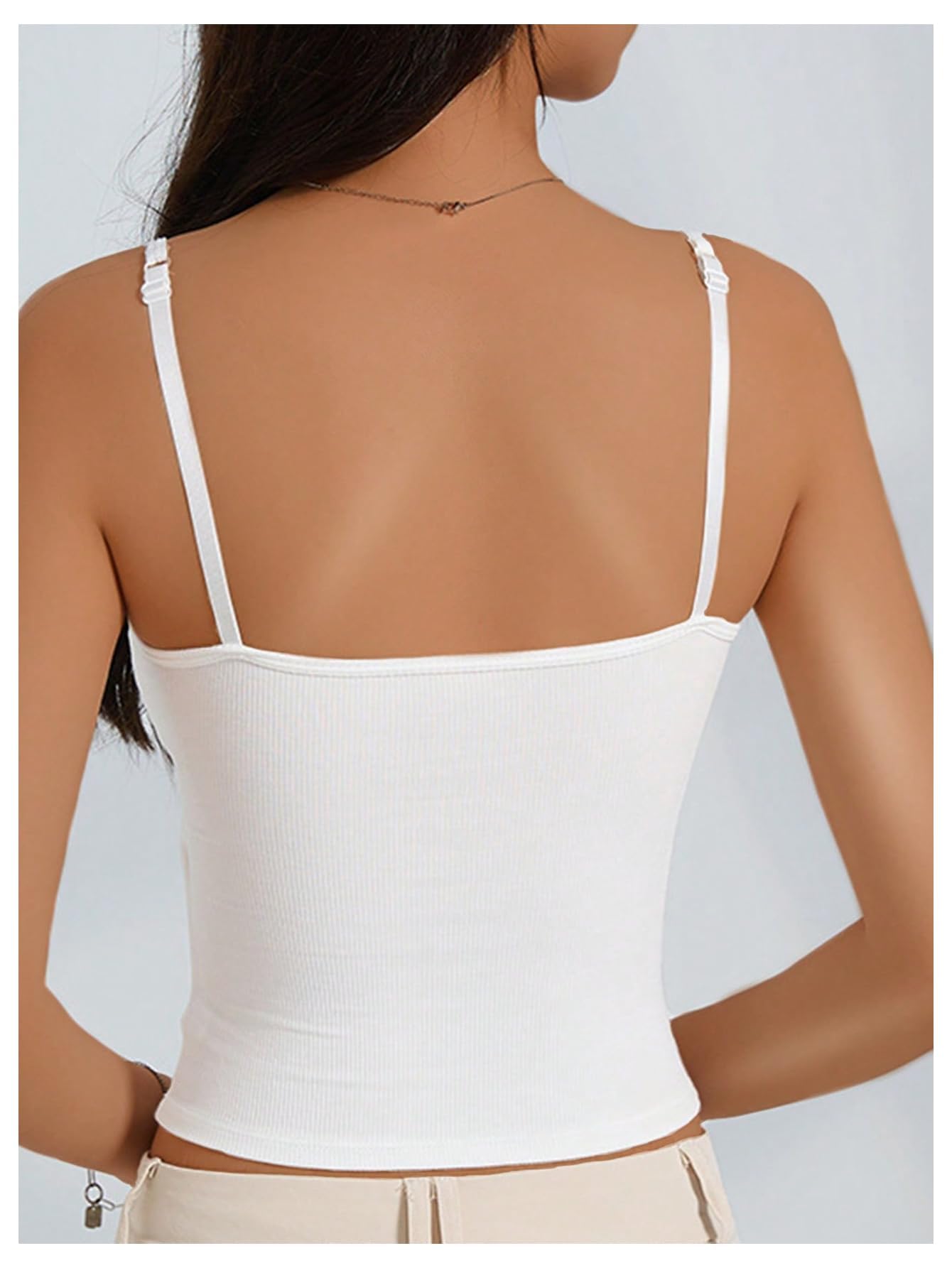 WDIRARA Women's 3 Pack Cami Crop Top Built in Bra Spaghetti Strap Tank Camisole Tops Black White Grey Medium