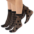 CALZITALY 3 Pairs Women Pop Socks, Sheer Everyday Ankle Socks in 3 Different Designs: Dots, Stripes and Geometric (One Size, Black)