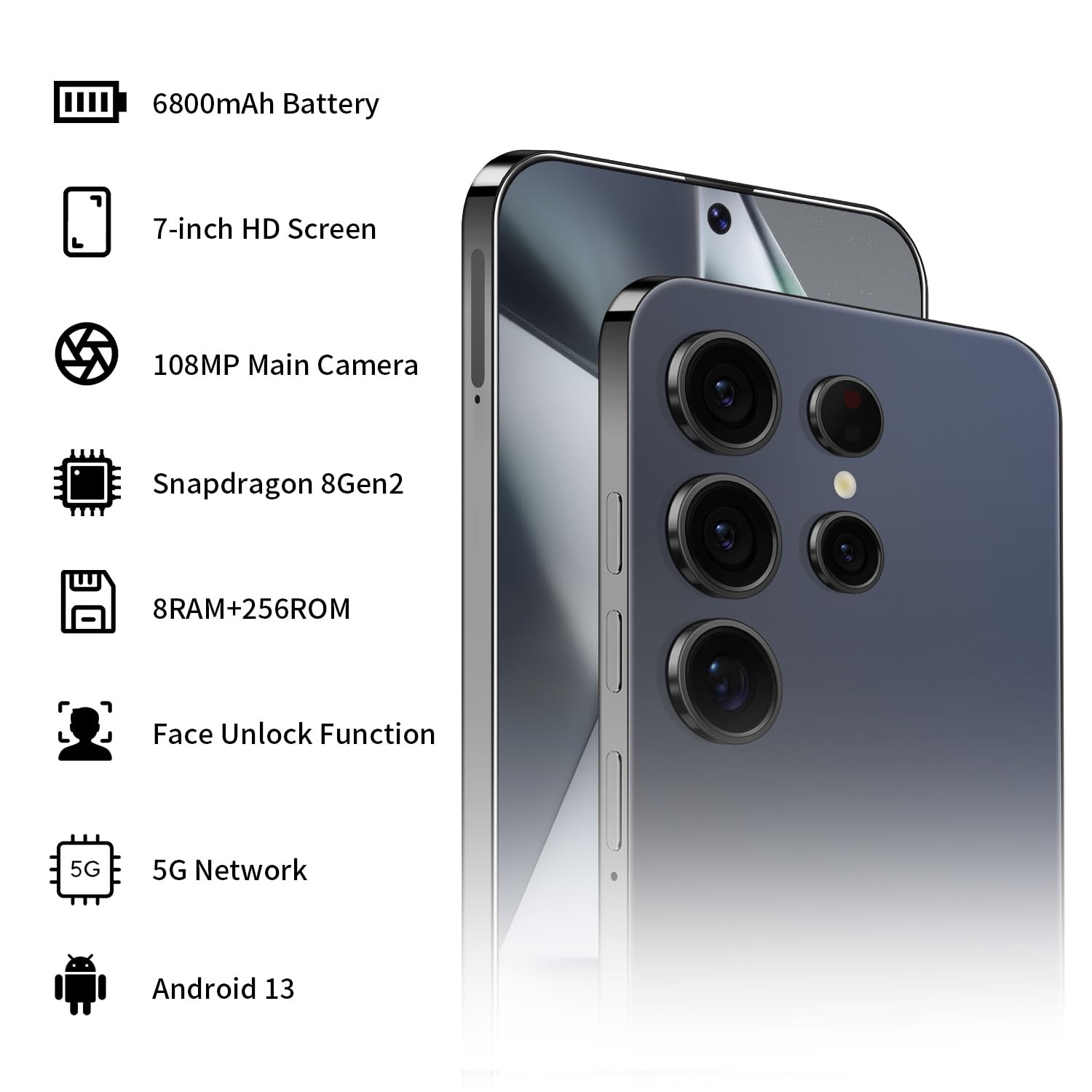 XUANMEIKE Unlocked Phone S24 Ultra Android Phone 8-core 8GB+256GB Cell Phone 7 inch HD Screen Mobile Phone 108MP+48MP Camera 6800 mAh Battery 5G Dual SIM (Titanium Deep Blue)