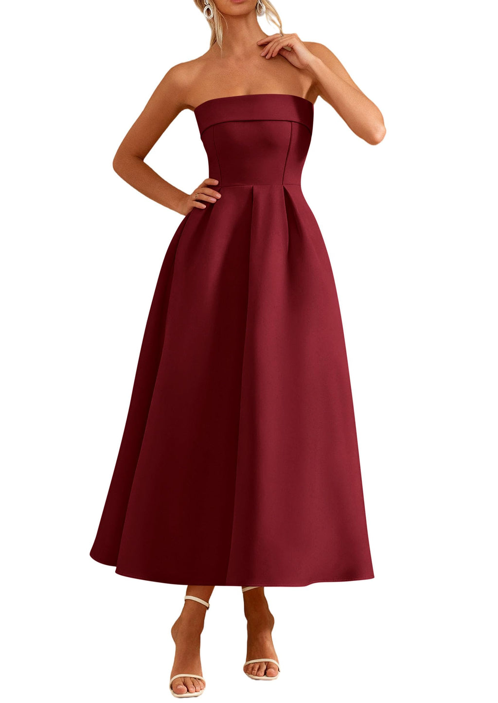 PRETTYGARDEN Cocktail Dresses for Women 2026 Summer Formal Elegant Tube Top Strapless Spring Wedding Guest Party Midi Dress(Burgundy,Medium)