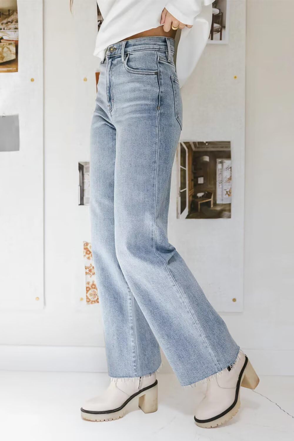 KDF Straight Leg Jeans for Women High Waisted Frayed Baggy Pants, Raw Hem, Loose, Stretchy Cropped Wide Leg, Light Blue, Size 8