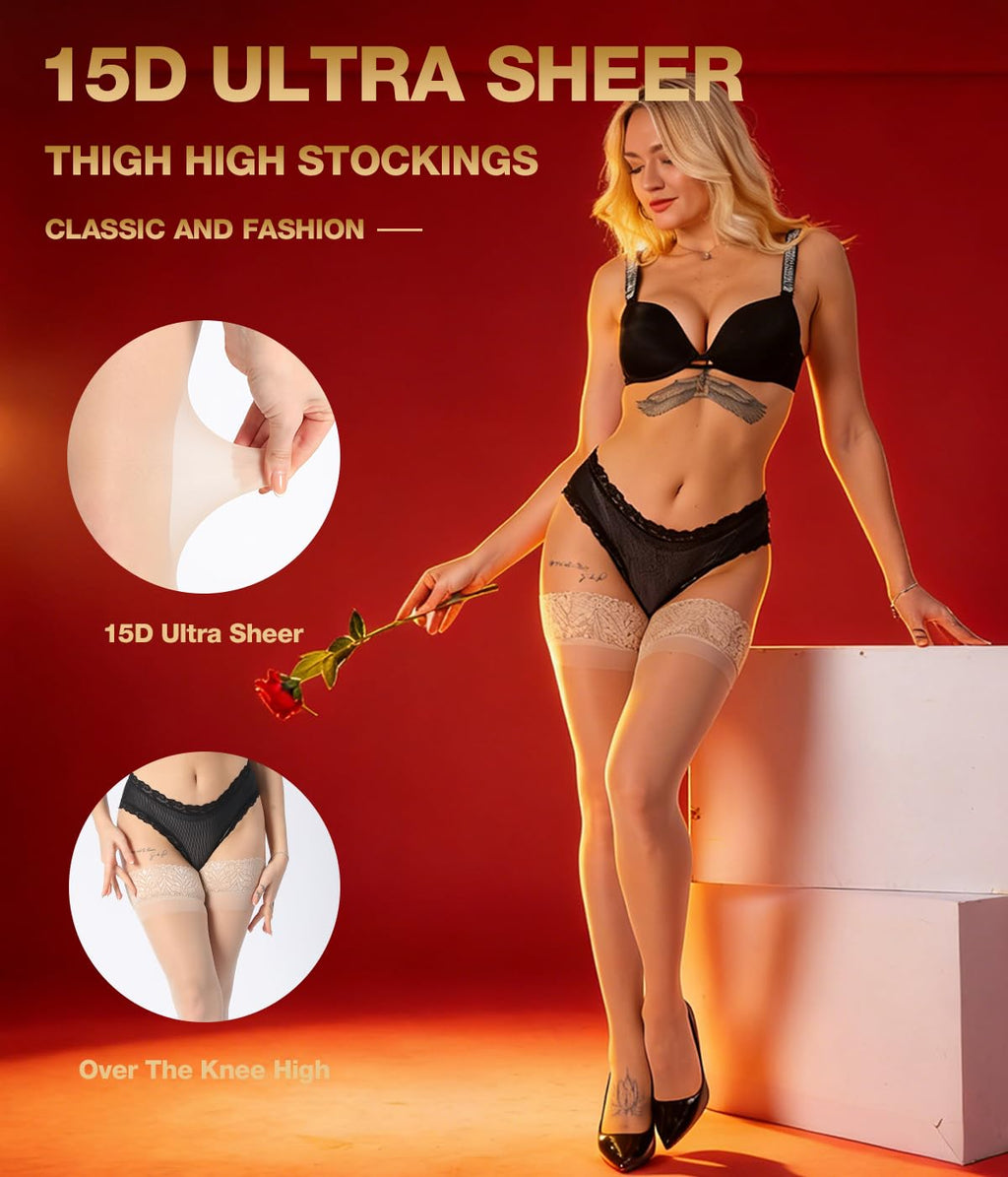 MERYLURE Thigh High Stockings Silicone Lace Top Stay Up Silk Semi Sheer Pantyhose for Women Hold Up Nylon Lingerie