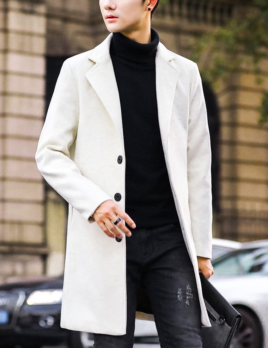 Springrain Men's Wool Blend Pea Coat Notched Collar Single Breasted Overcoat Warm Winter Trench Coat(White-S)