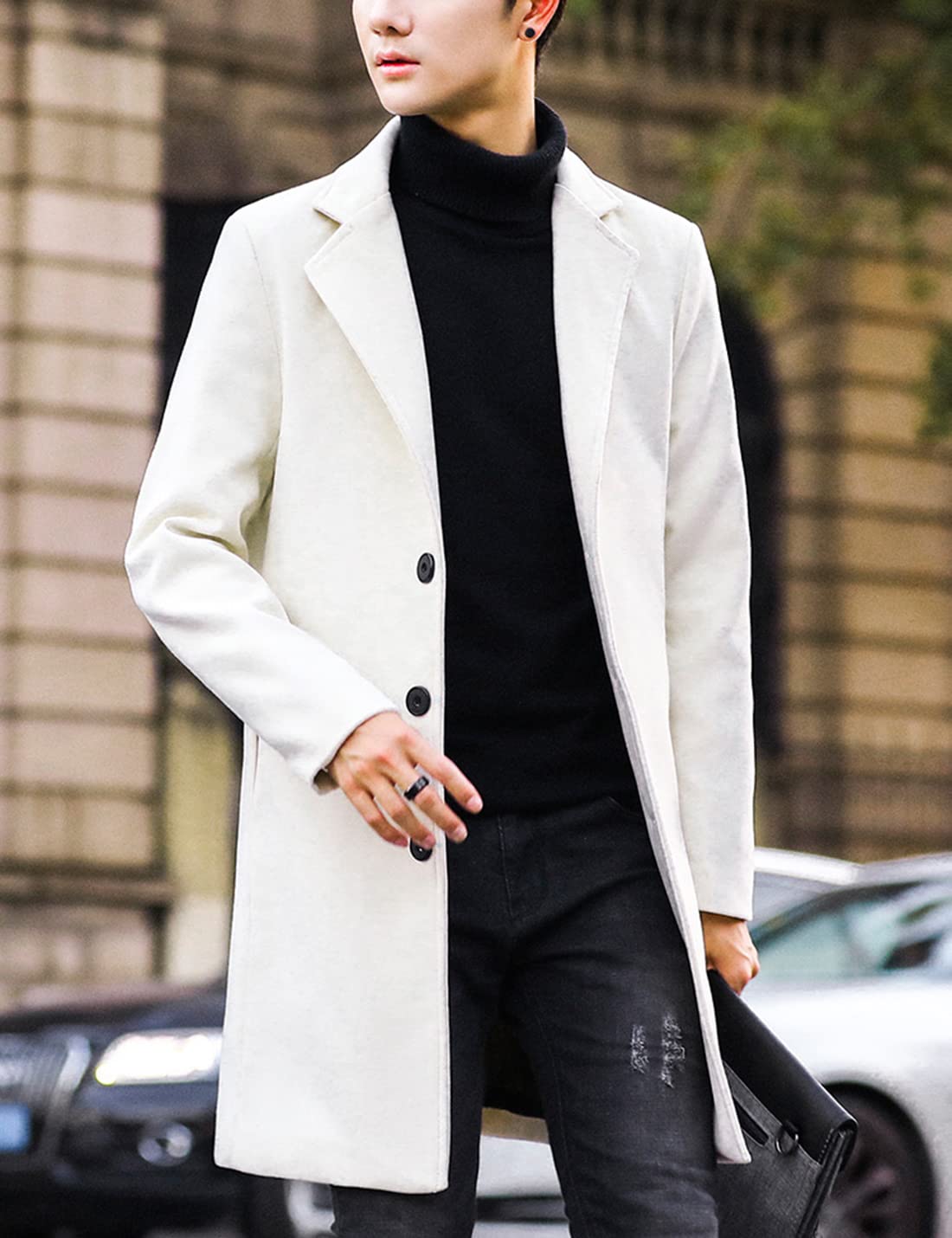 Springrain Men's Wool Blend Pea Coat Notched Collar Single Breasted Overcoat Warm Winter Trench Coat(White-S)