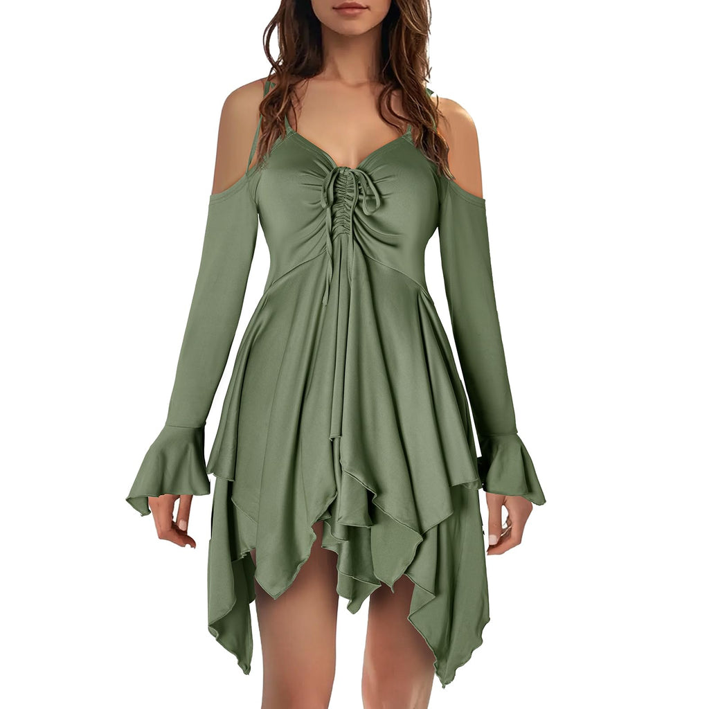 Usthirit Renaissance Fairy Dress Women's Gothic Off Shoulder Irregular Handkerchief Dress (Z3831GN,L)