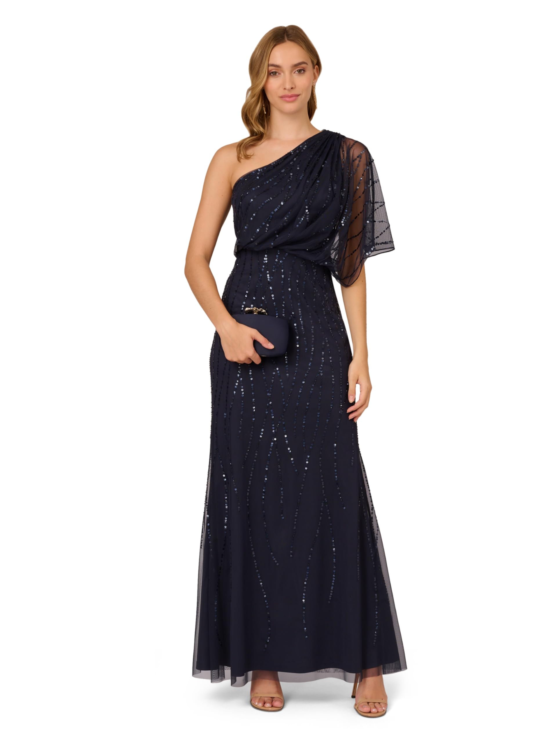 Adrianna Papell Women's Long Beaded Dress | Floor Length One Shoulder Sequin Gown with Bloused Bodice & Mermaid Skirt,Dusty Navy,2