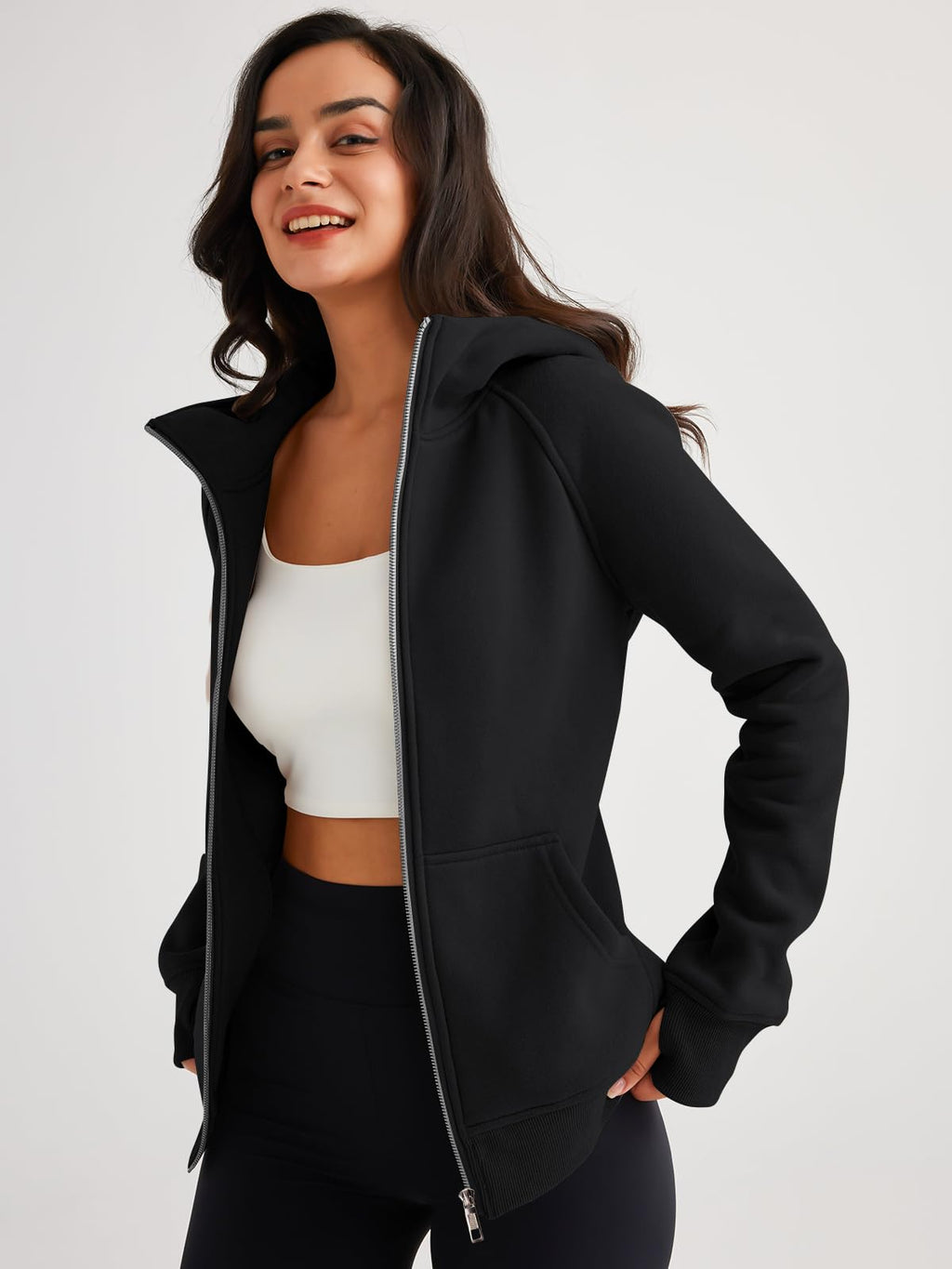 Trendy Queen Women's Full Zip Up Hoodie - Fitted Long Sleeve Sweatshirts for Fall and Winter Black M