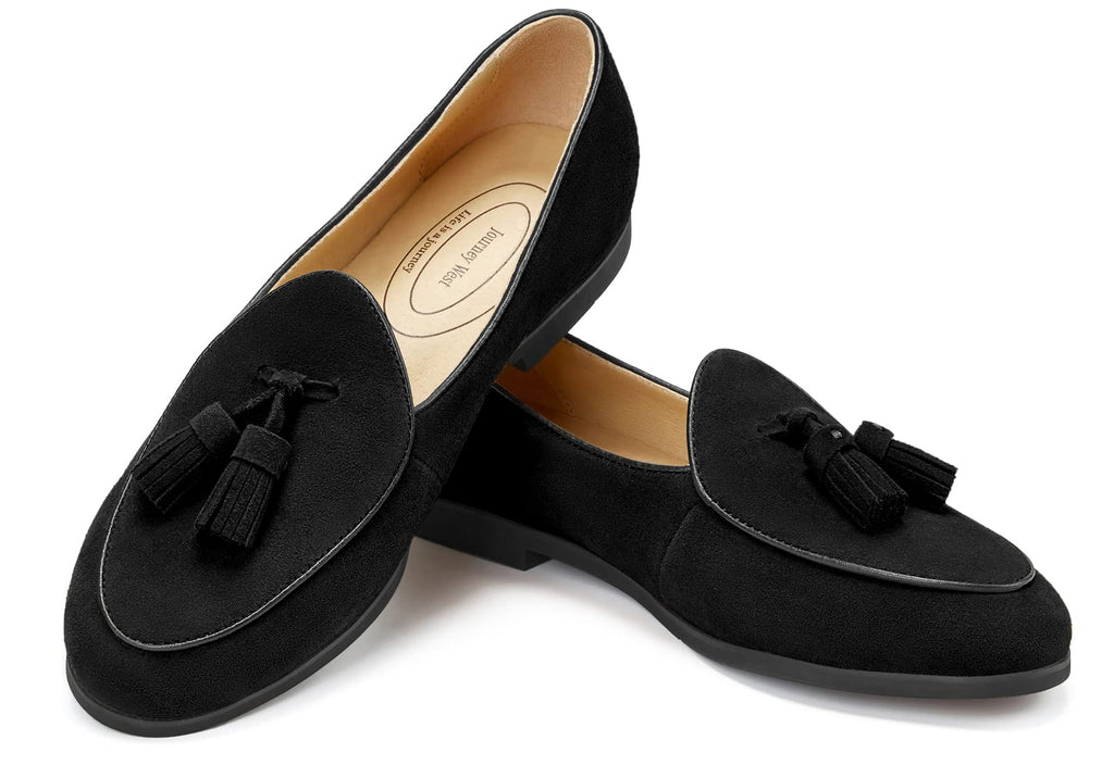 Journey West Suede Tassel Loafer for Women Slip-on Belgian Penny Loafers Shoes for Women Black US 10