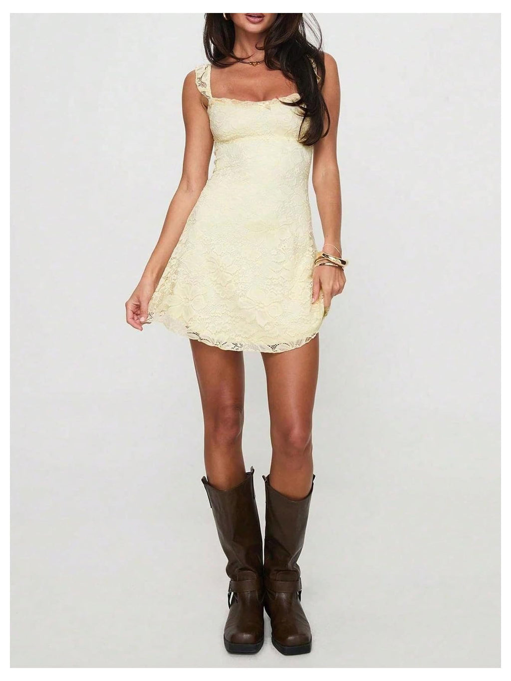 Floerns Women's Summer Mini Dress Floral Lace Sleeveless Vacation Cute A Line Dresses Yellow X-Small