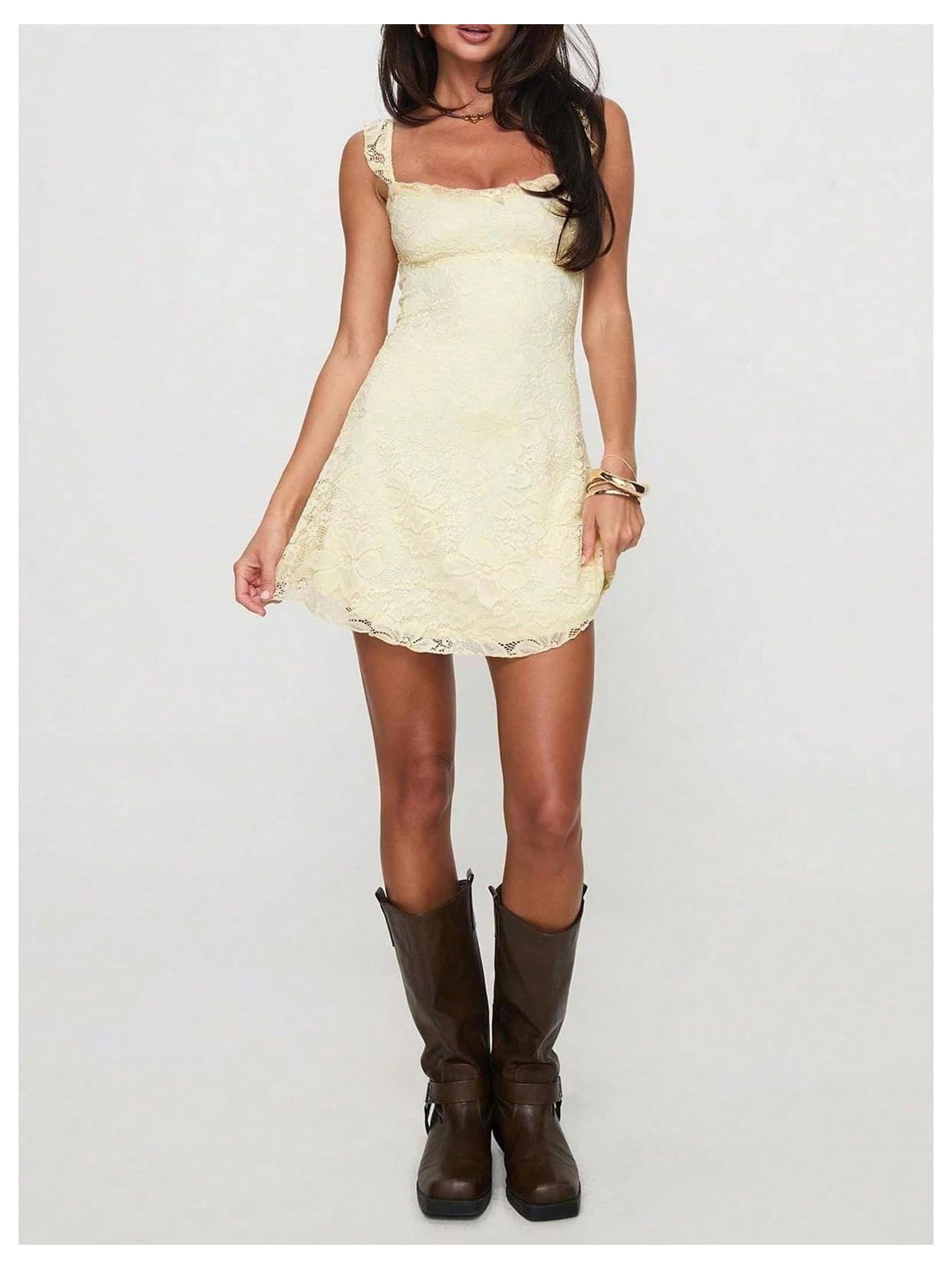 Floerns Women's Summer Mini Dress Floral Lace Sleeveless Vacation Cute A Line Dresses Yellow X-Small