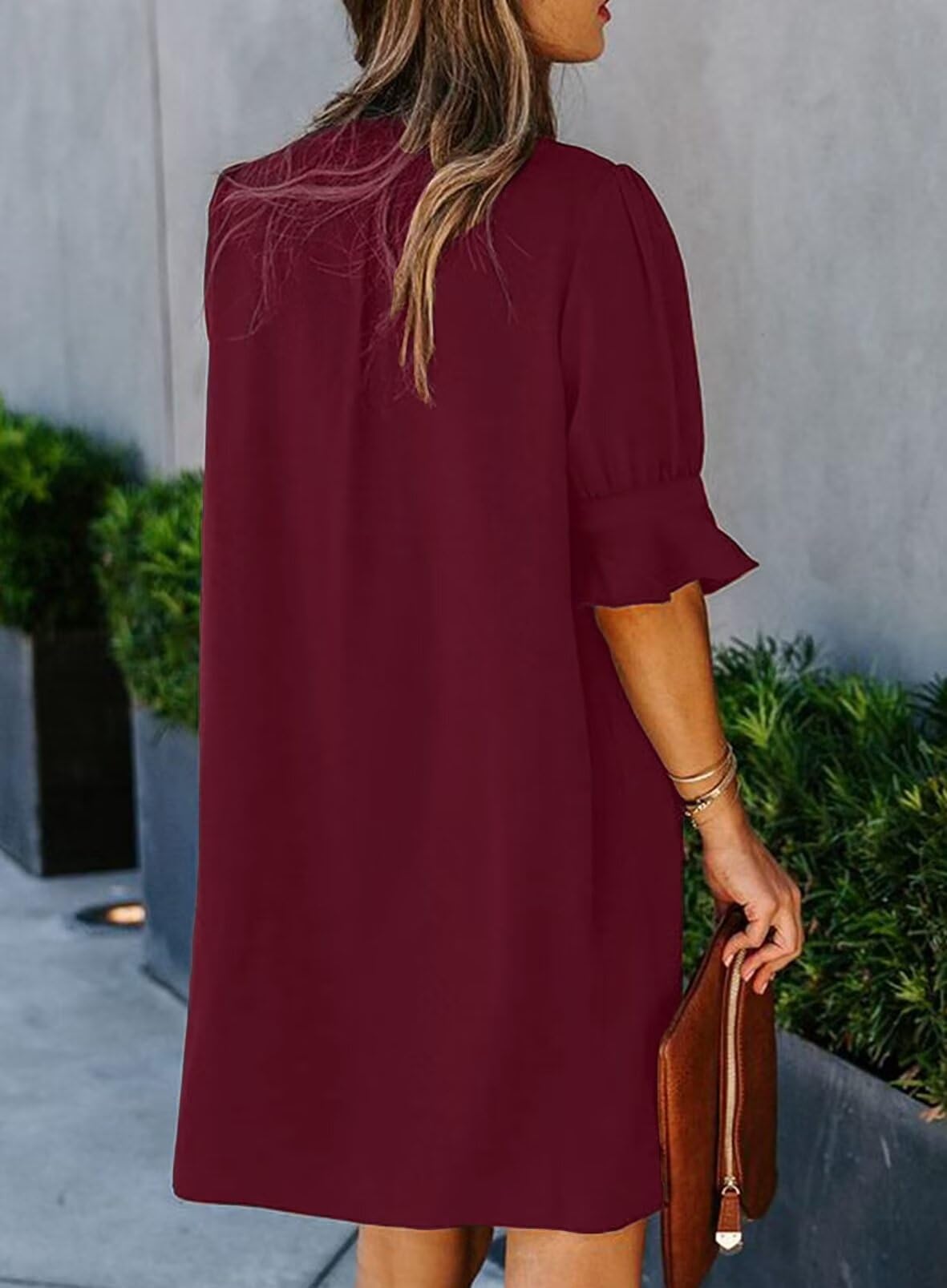 QACOHU Women's Ruffle Short Sleeve V-Neck Straight Casual Casual Elegant Solid Color Simple Dress Red Wine L