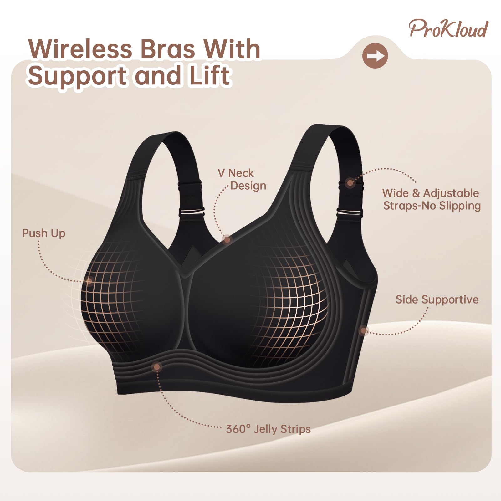 ProKloud Jelly Bras for Women No Underwire Wireless Bra with Support and Lift Full Coverage Plus Size Comfy Seamless Bra Black