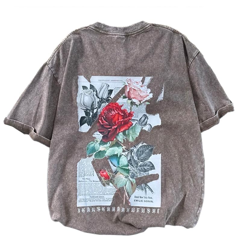 GMOYD Mens Washed T Shirt Distressed Graphic Tees Oversized Short Sleeve Tops Shirts, Khaki, Medium