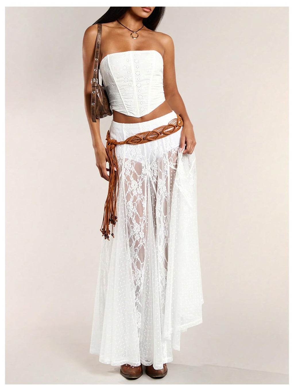 WDIRARA Women's Sexy See Through Sheer Lace Maxi Skirt Low Waist Ruffle Hem A Line Flowy Skirt White X-Large