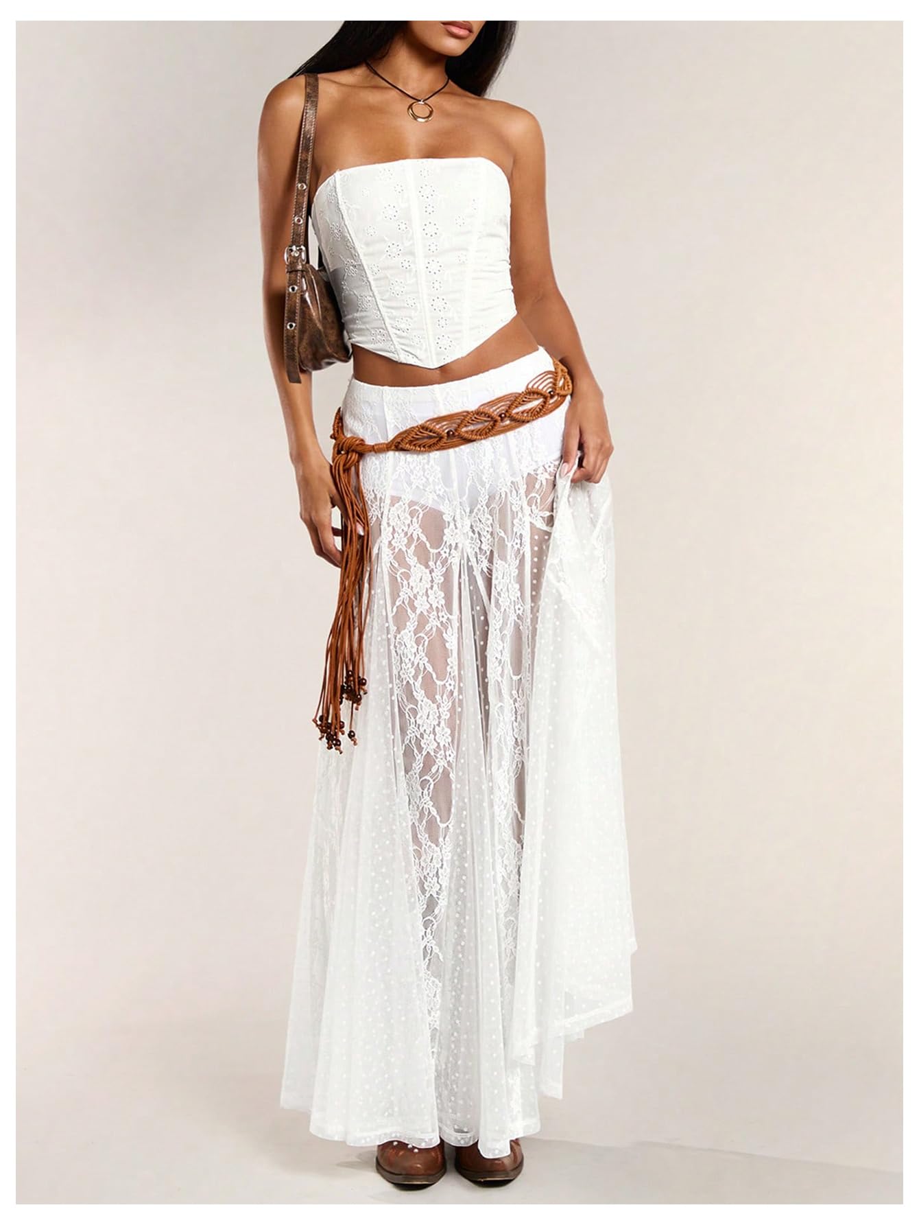 WDIRARA Women's Sexy See Through Sheer Lace Maxi Skirt Low Waist Ruffle Hem A Line Flowy Skirt White X-Small