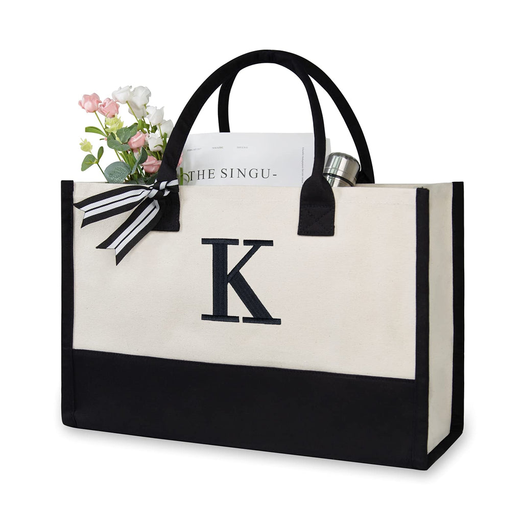 TOPDesign Embroidery Initial Canvas Tote Bag, Personalized Present Suitable for Wedding, Birthday, Beach, Holiday, is a Great Gift Women, Mom, Teachers, Friends, Bridesmaids (Letter K)