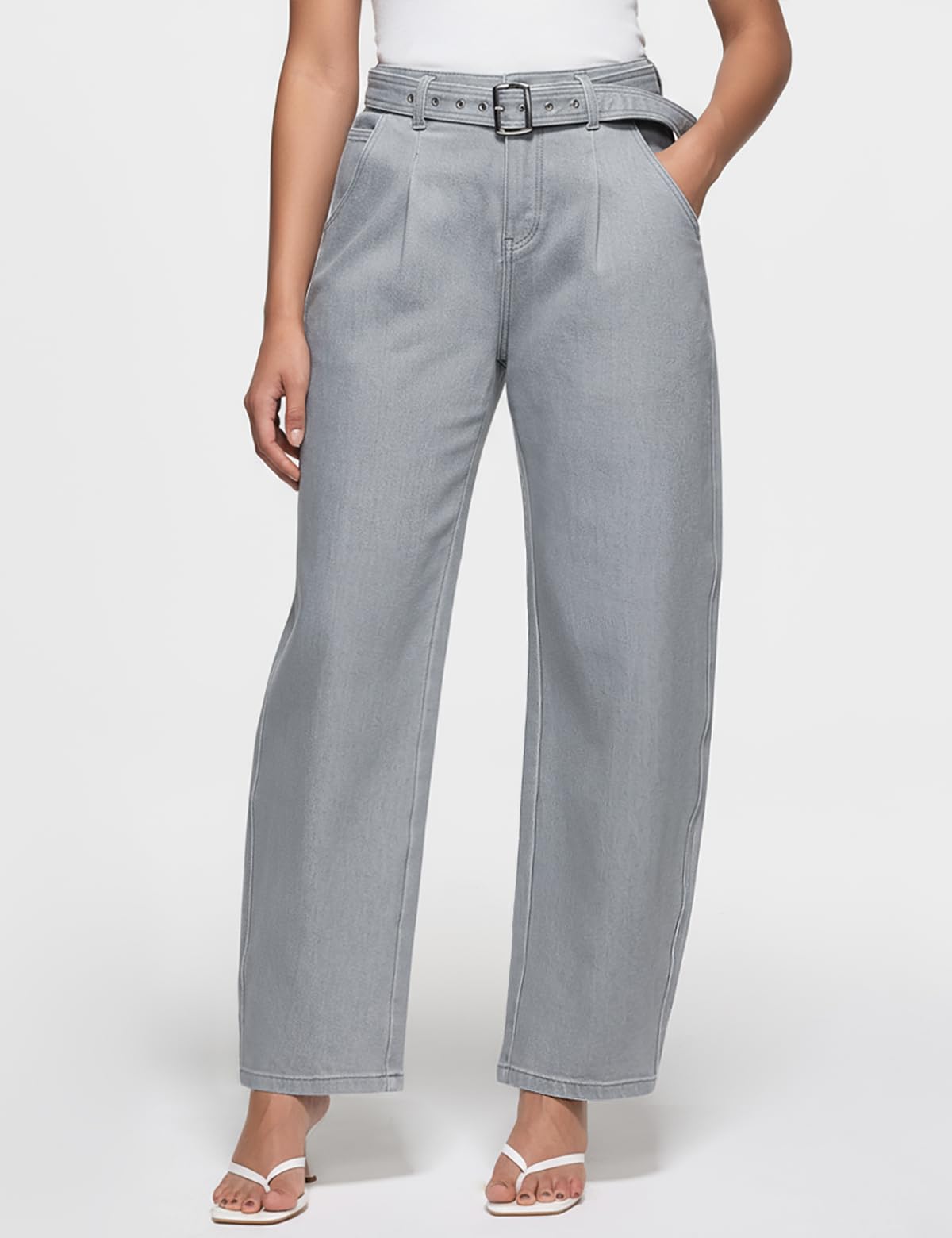 ZPIUO Barrel Jeans for Women - High Waisted Baggy Wide Leg Stretchy Denim Pants with Detachable Belt - Grey Size 8