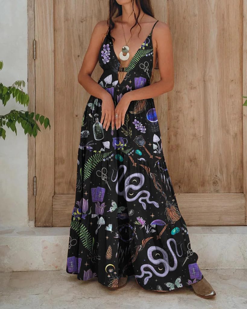 CORAMOON Womens Summer Sun Dresses Mystical Gothic Maxi Dress Casual Floral Witch Dress Date Dress Halloween Outfits (US, Alpha, X-Large, Regular, Regular, Black)