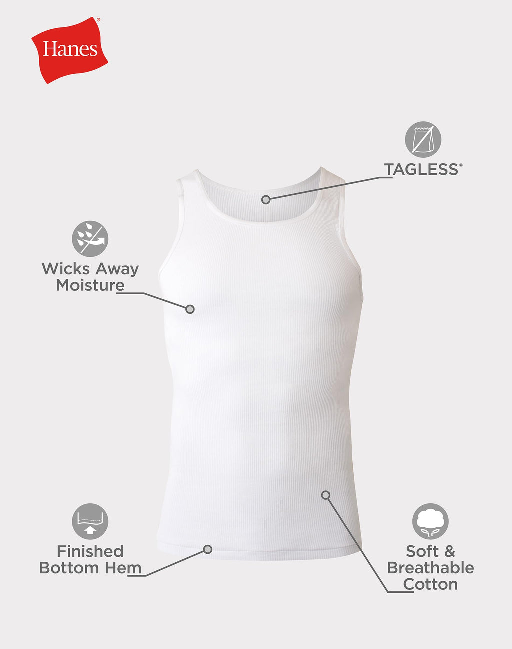 Hanes Men's Cotton Tank Undershirts Pack, Moisture-Wicking Ribbed Tanks, lightweight, White 6-pack, Medium