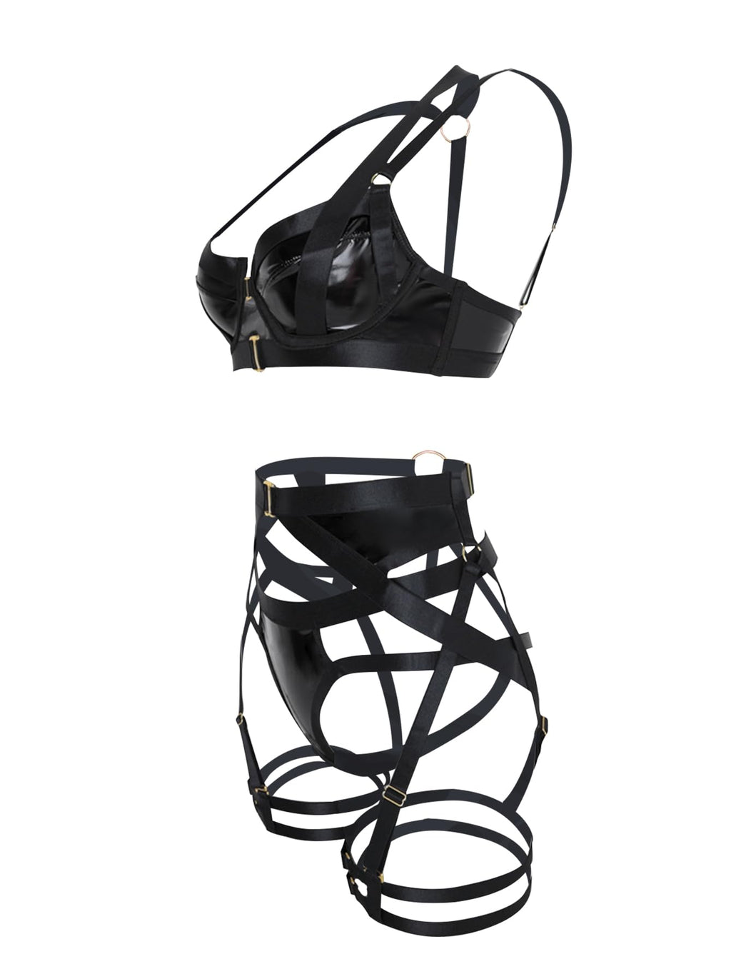 Lilosy Petite Sexy Strappy Underwire Push Up Garter Belt Lingerie Set Harness Cutout Outfits Matching Bra Panty 3 Piece Women Pu Black 3X-Small