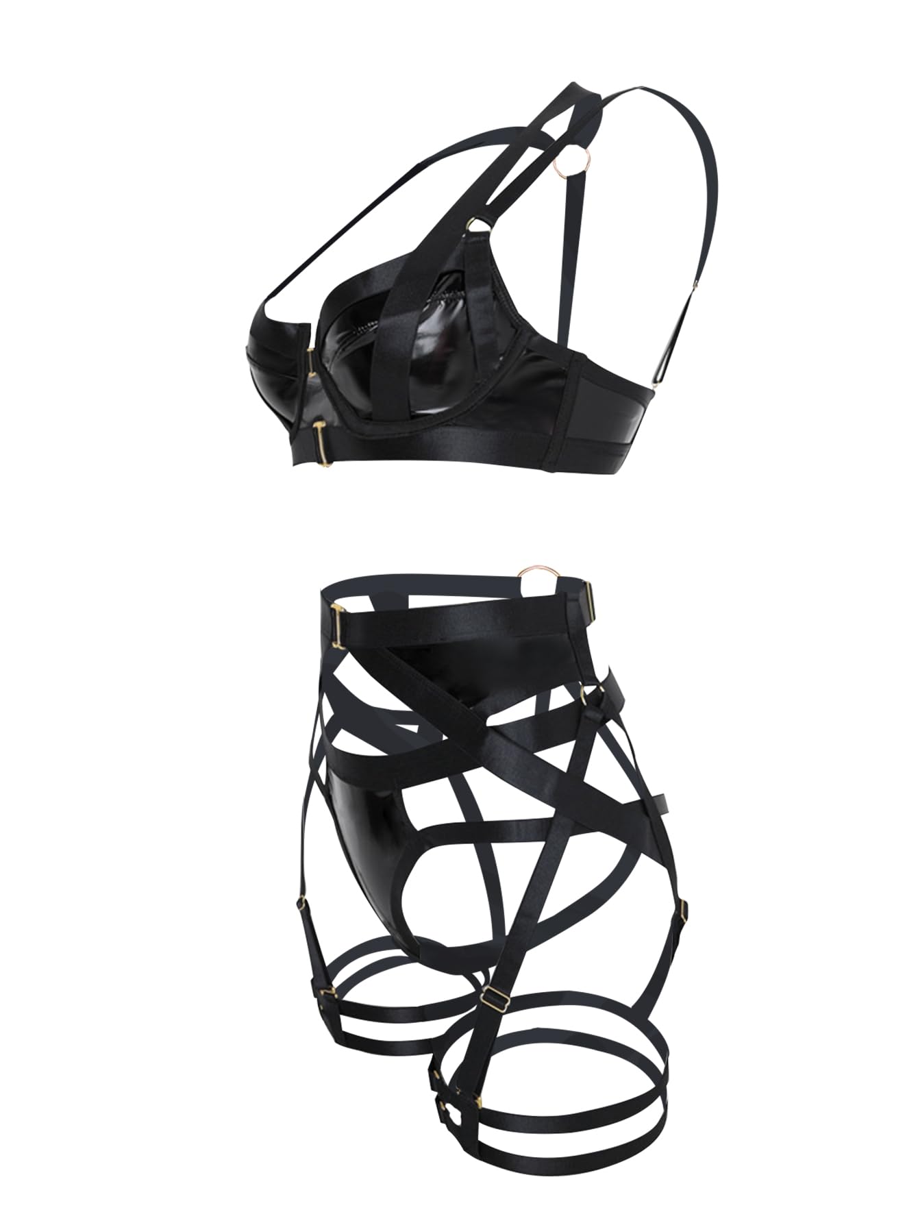 Lilosy Petite Sexy Strappy Underwire Push Up Garter Belt Lingerie Set Harness Cutout Outfits Matching Bra Panty 3 Piece Women Pu Black 3X-Small