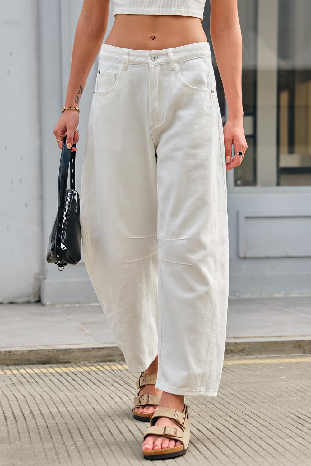 GREAIDEA Mid Rise Barrel Jeans for Women Wide Leg Mid Waist Cropped Denim Pants Y2k Baggy Boyfriend Jeans with Pockets White