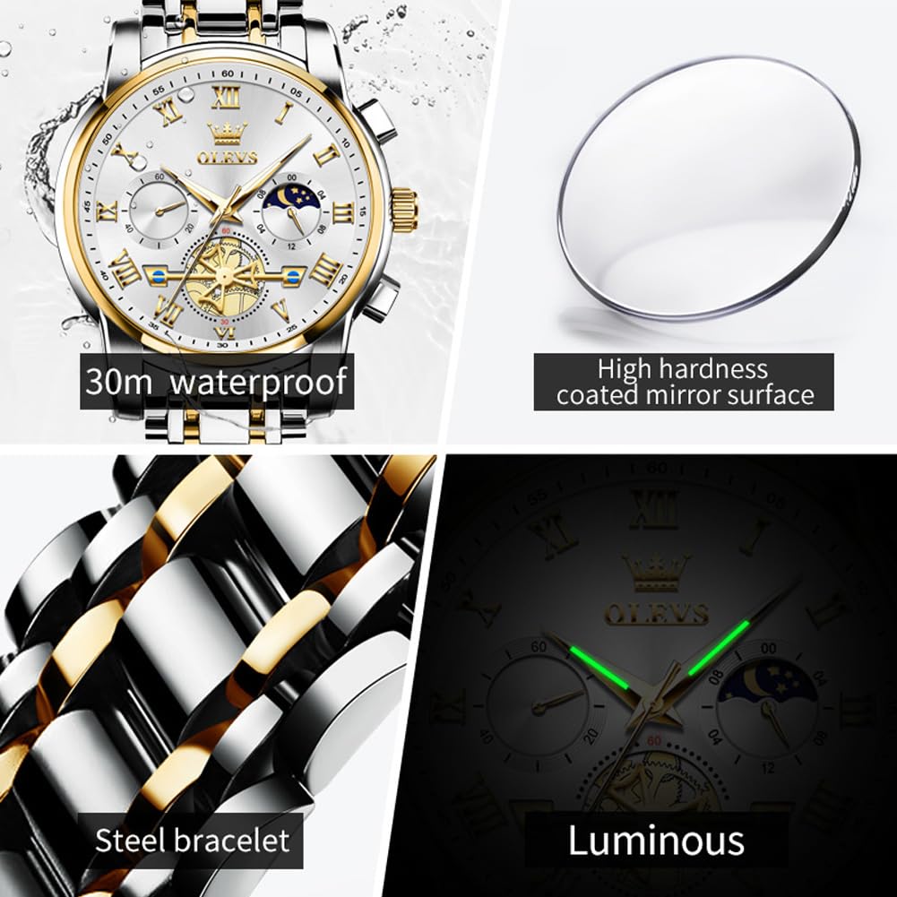 OLEVS Luxury Silver Men Watch Analog Quartz Silver Gold Stainless Steel Men's Watch Casual Wristwatch for Men Business Classic Mens Watches Gold White Dial Relojes para Hombres Fashion Mens Watches
