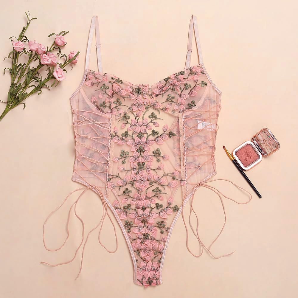 Lilosy Women Sexy Lace Up Floral Embroidered Teddy Babydoll Lingerie Bodysuit Top Mesh Sheer One Piece See Through Pink Medium