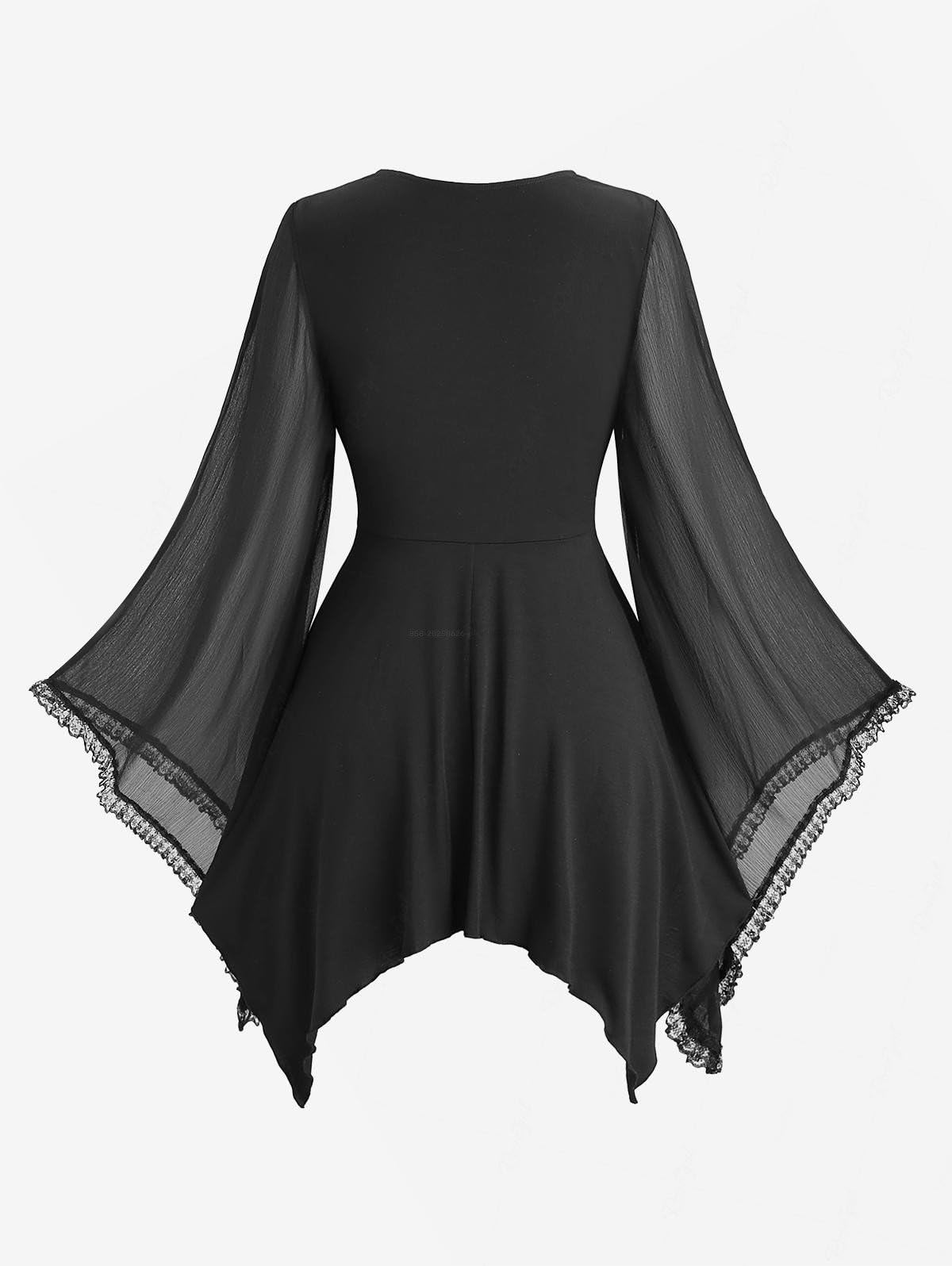 ROSE GAL Plus Size Womens Goth Steampunk Trumpet Sleeves Renaissanc Tops Punk Rivets PU Patchwork lace Trim Handkerchief Halloween Witch Costume T-shirt(Black_1/2X)