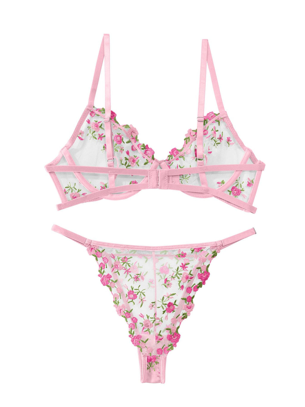 Lilosy Petite Sexy Floral Embroidered Mesh Sheer Underwire Push Up Lingerie Set Women See Through Bra and Panty 2 Piece Sun Flower Pink XX-Small