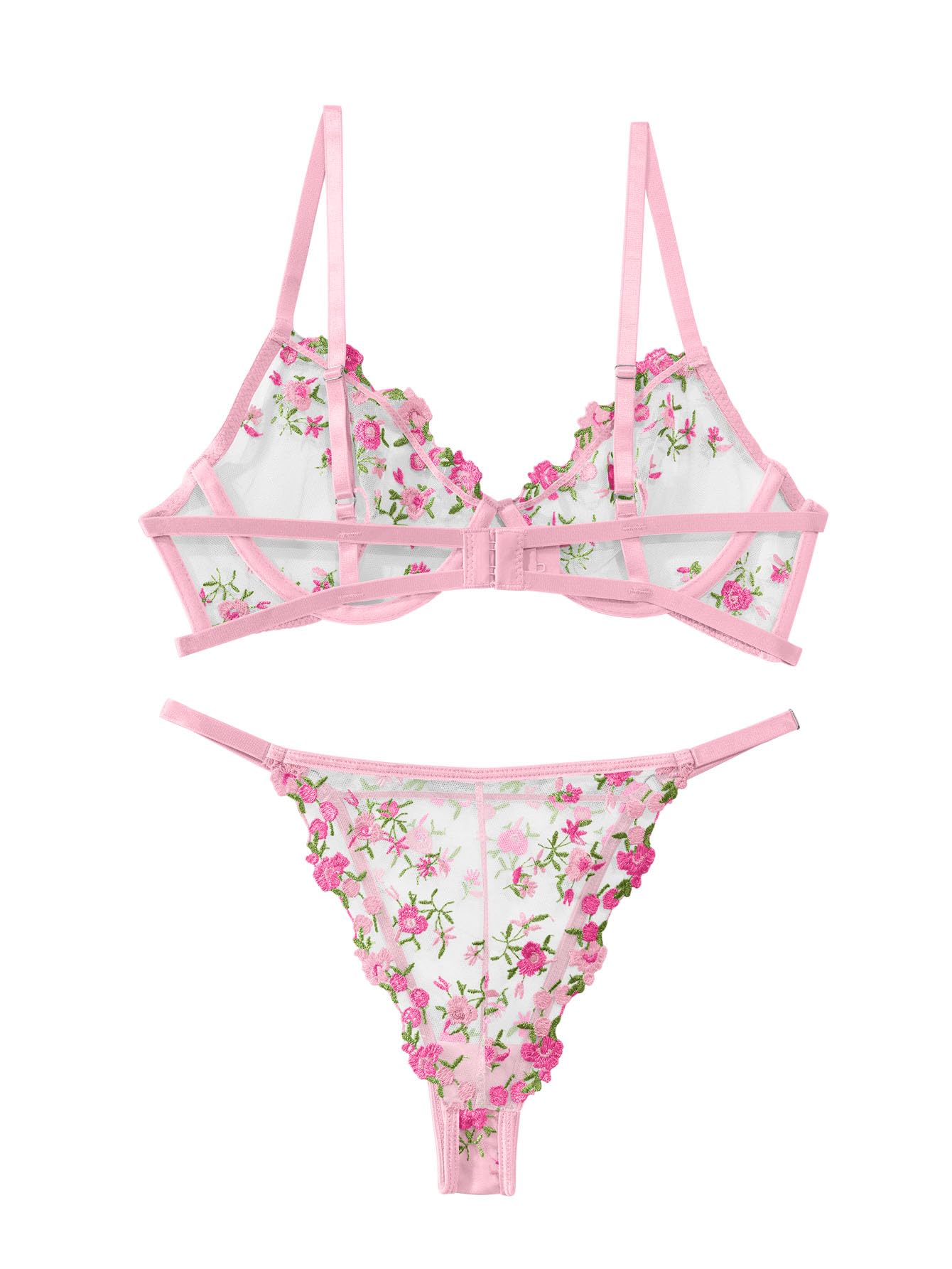 Lilosy Petite Sexy Floral Embroidered Mesh Sheer Underwire Push Up Lingerie Set Women See Through Bra and Panty 2 Piece Sun Flower Pink XX-Small