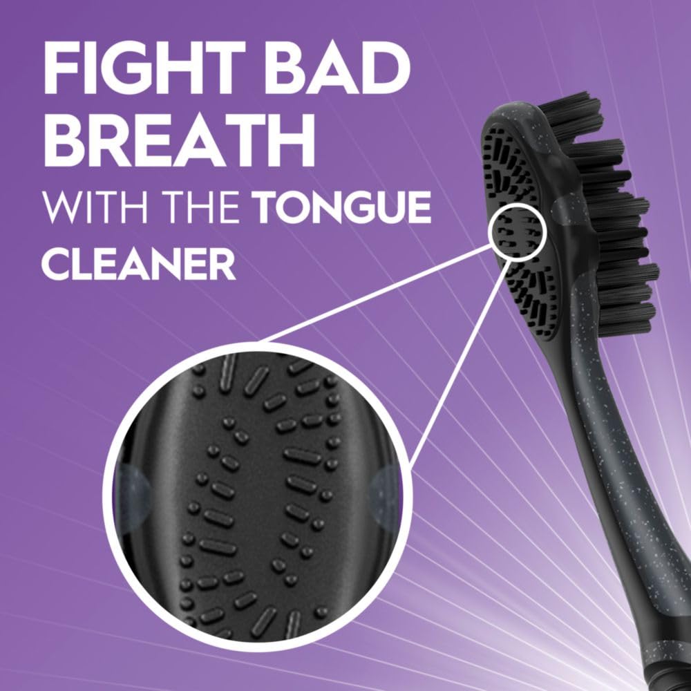 Oral-B 3D White Charcoal toothbrush, 2 count MEDIUM manual tootbrush pack, Whitens teeth, removes plaque and stains, tongue scraper tooth brush