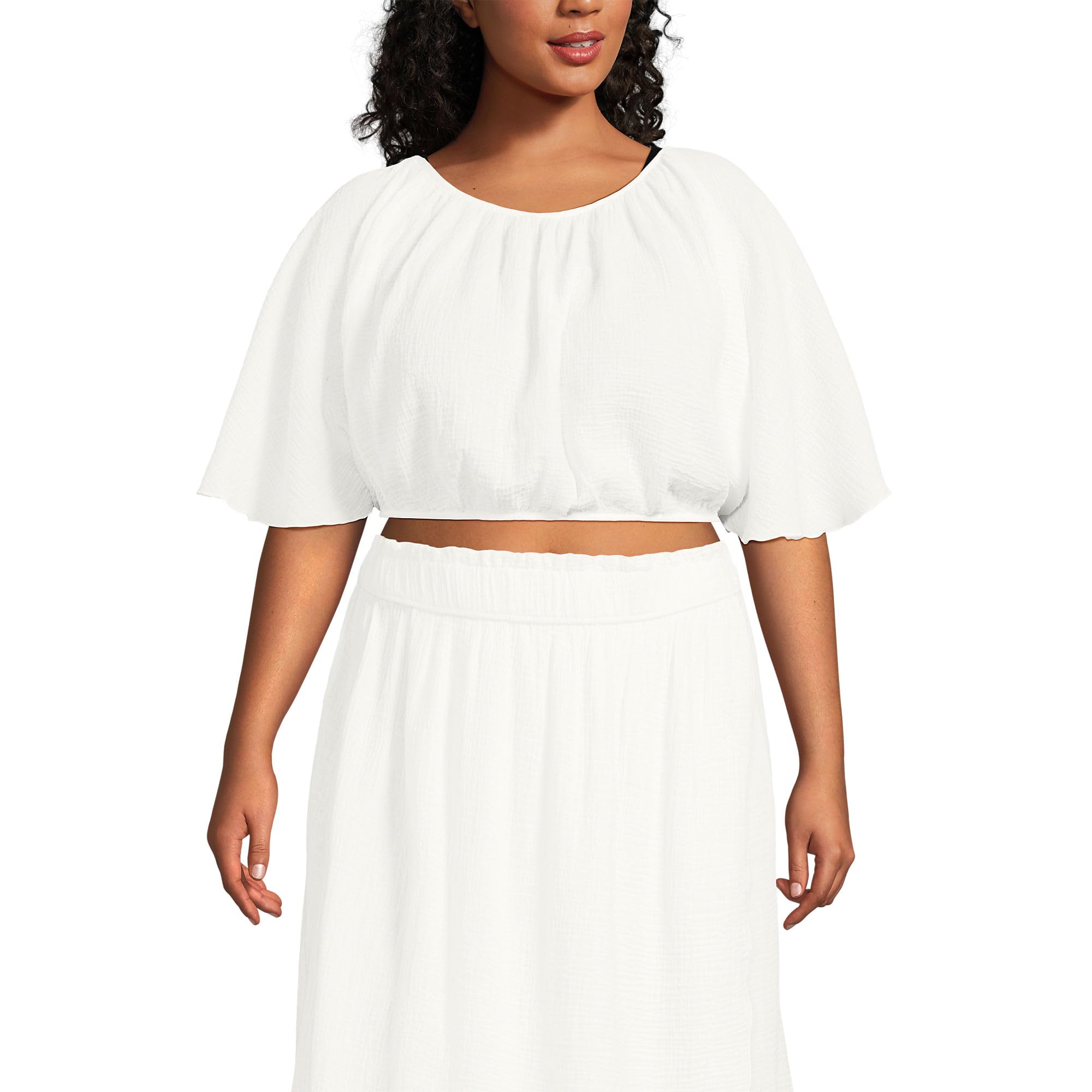 Lands' End Women's Cotton Gauze Dolman Sleeve Crop Cover Up Top Large Chalk White