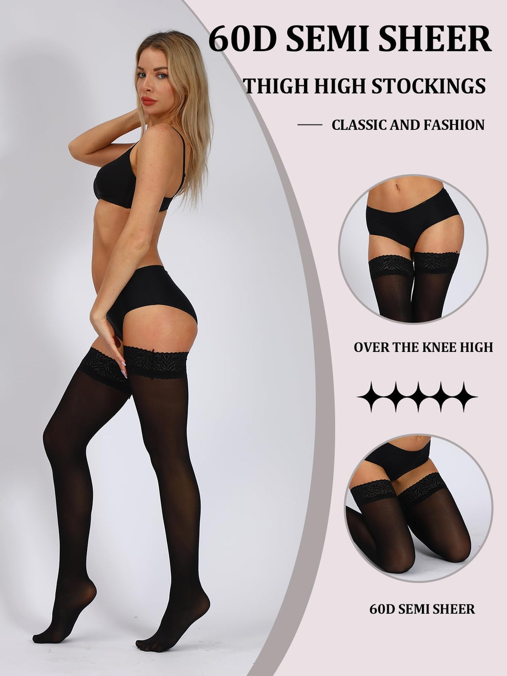 MERYLURE 60D Semi Sheer Thigh High Stockings for Women Lace Top Stay Up Lingerie Pantyhose Hold Up Nylon