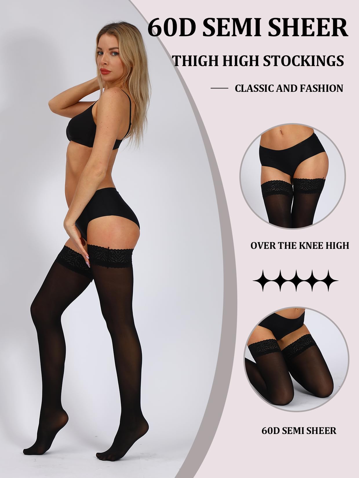 MERYLURE 60D Semi Sheer Thigh High Stockings for Women Lace Top Stay Up Lingerie Pantyhose Hold Up Nylon