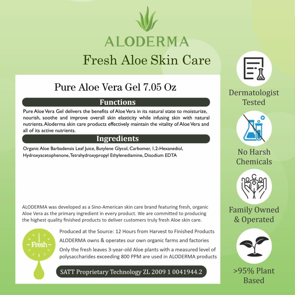 Aloderma Organic Aloe Vera Gel for Face & Body, 96% Pure Aloe Gel Made within 12 Hours of Harvest, Ideal for Skin, Scalp, & Hair Hydration, Calming Moisturizer for Soothing After Sun Care, 7.05oz