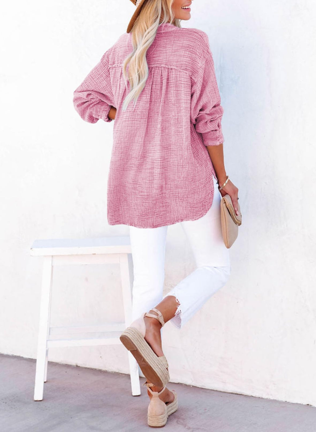 Dokotoo Womens Fashion 2026 Summer Clothes Button V Neck Long Sleeve Shirts Cotton Office Workout Pullover Blouses Tops Resort Wear for Women Tops Dressy Casual Large Pink