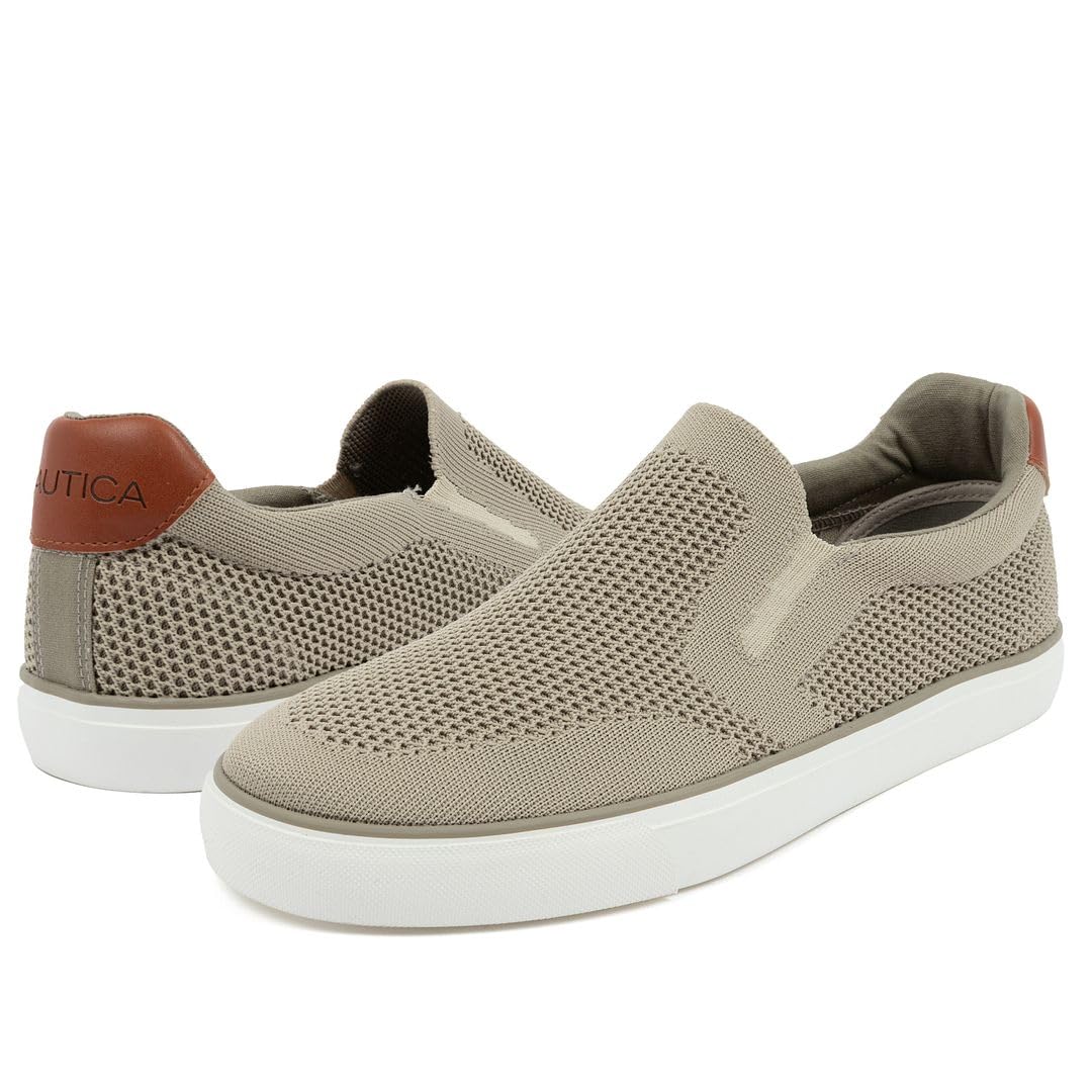 Nautica Men's Slip-On Sneakers – Breathable Knit Casual Walking Shoes, Lightweight Comfort Fashion Loafers-Kotor-Tan-Size 8