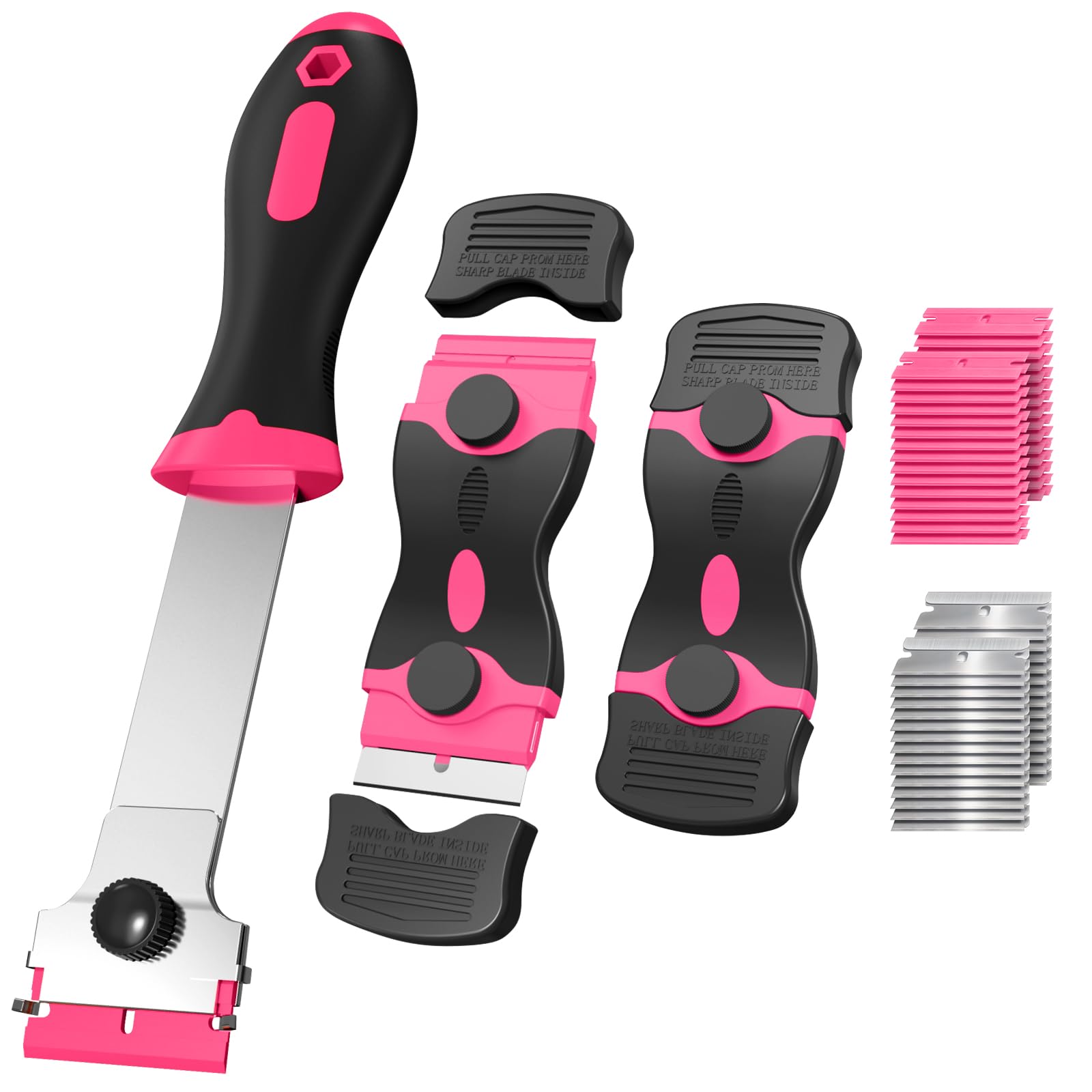Ywmoml 3 Pack Razor Blade Scraper Set, Includes 30 Plastic & 30 Metal Blades, Multi-Purpose Tool for Glass, Cooktop, Sticker Removal, Paint & Gum Cleaning (Pink)