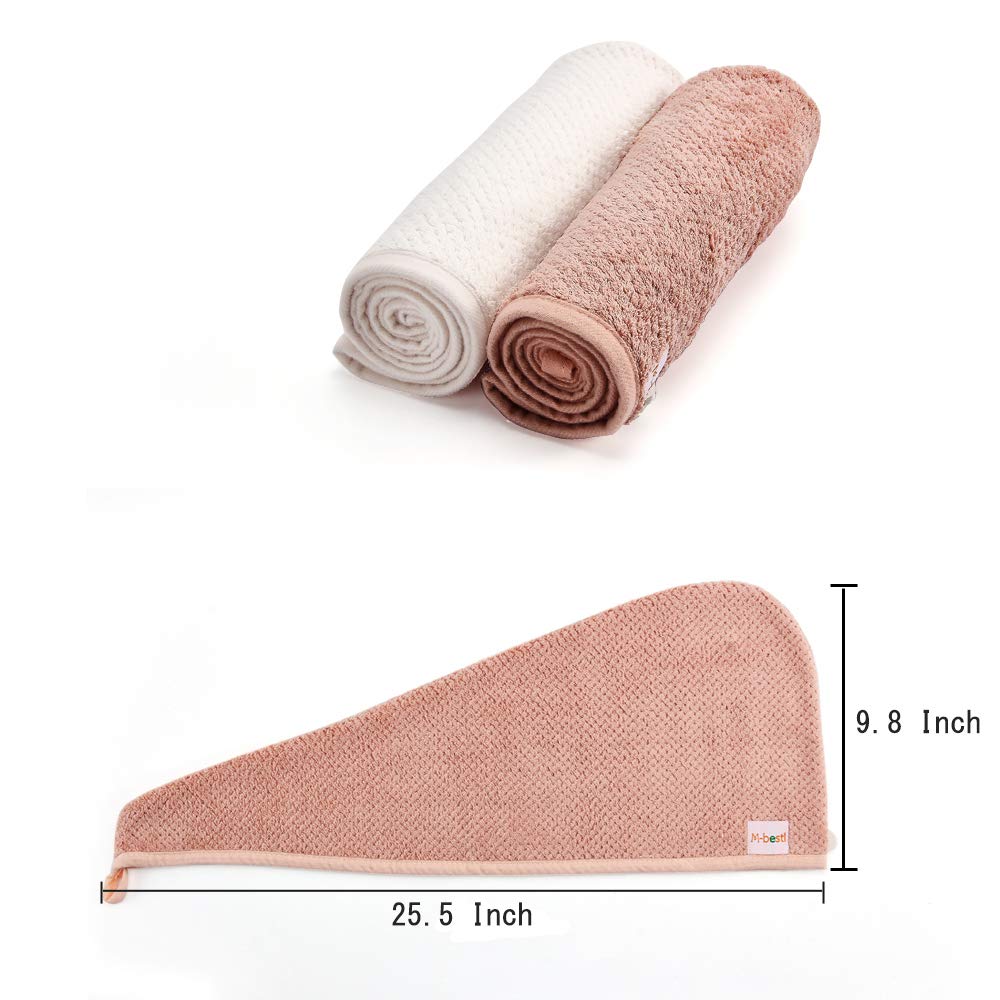 M-bestl 2 Pack Microfiber Hair Towel Wrap,Hair Drying Towel with Button, Hair Towel Turban,Quick Dry,Anti-frizz,Absorbent Head Towel (Pink&Beige)