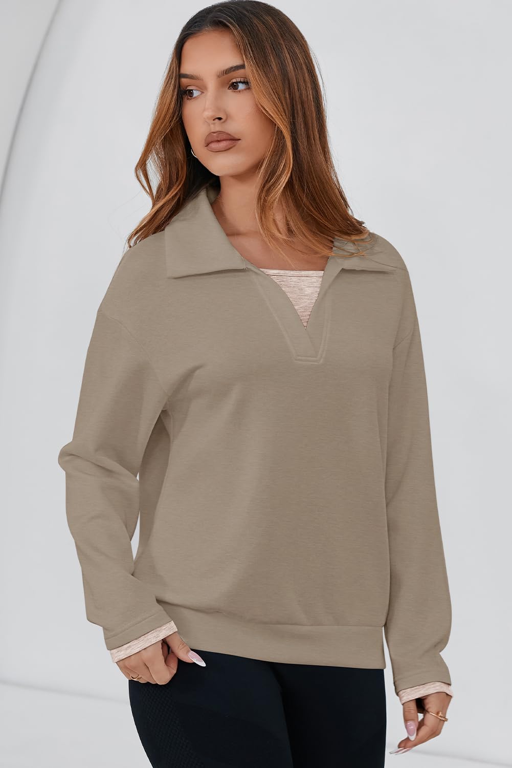 Dokotoo Womens Fall Fashion 2025 Long Sleeve Oversized Sweatshirt for Women Polo Lapel V Neck Color Block Casual Loose Fit Soft Pullover Hoodies Sweatshirts Tops Cozy Winter Clothing Khaki X-Large