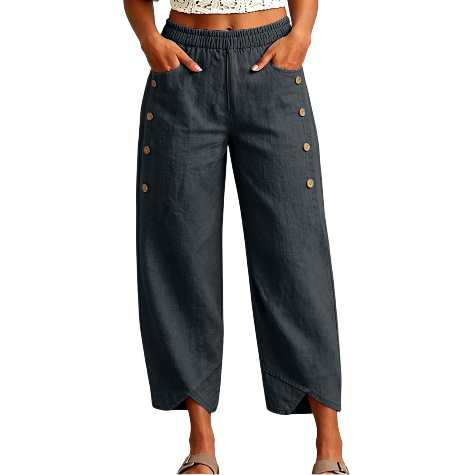 Wide Leg Pants for Women Elastic Waist Cotton Linen Wide Leg Pants Womens Baggy Side Button Split Hem High Waist Trousers Beach Vacation Outfits Plus Size Linen Cropped Wide Leg Capri Dark Gray M
