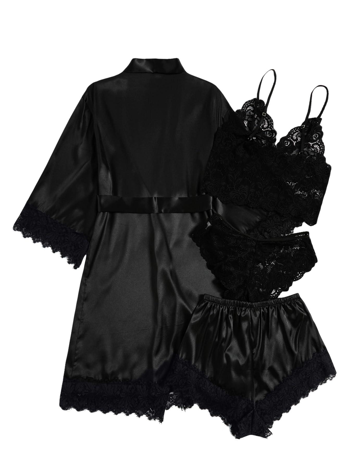 WDIRARA Women' Silk Satin Pajamas Set 4pcs Lingerie Floral Lace Cami Sleepwear with Robe Black Belted XXL
