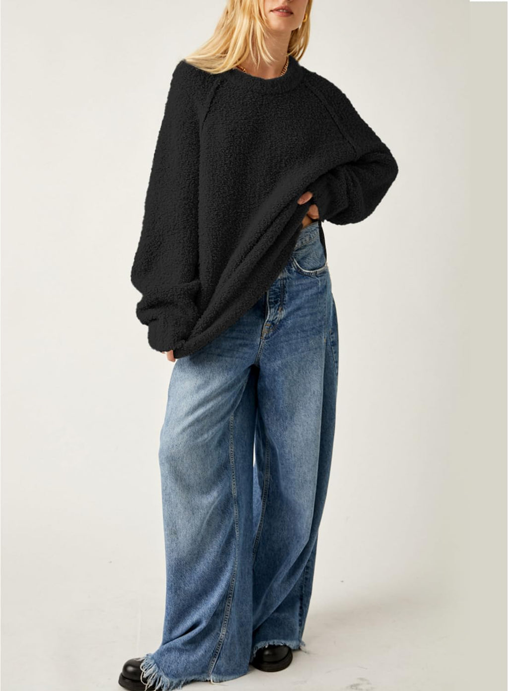 Women's Crew Neck Oversized Sweaters 2025 Fall Batwing Sleeve Pullover Tunic Sweater 6108 Black M