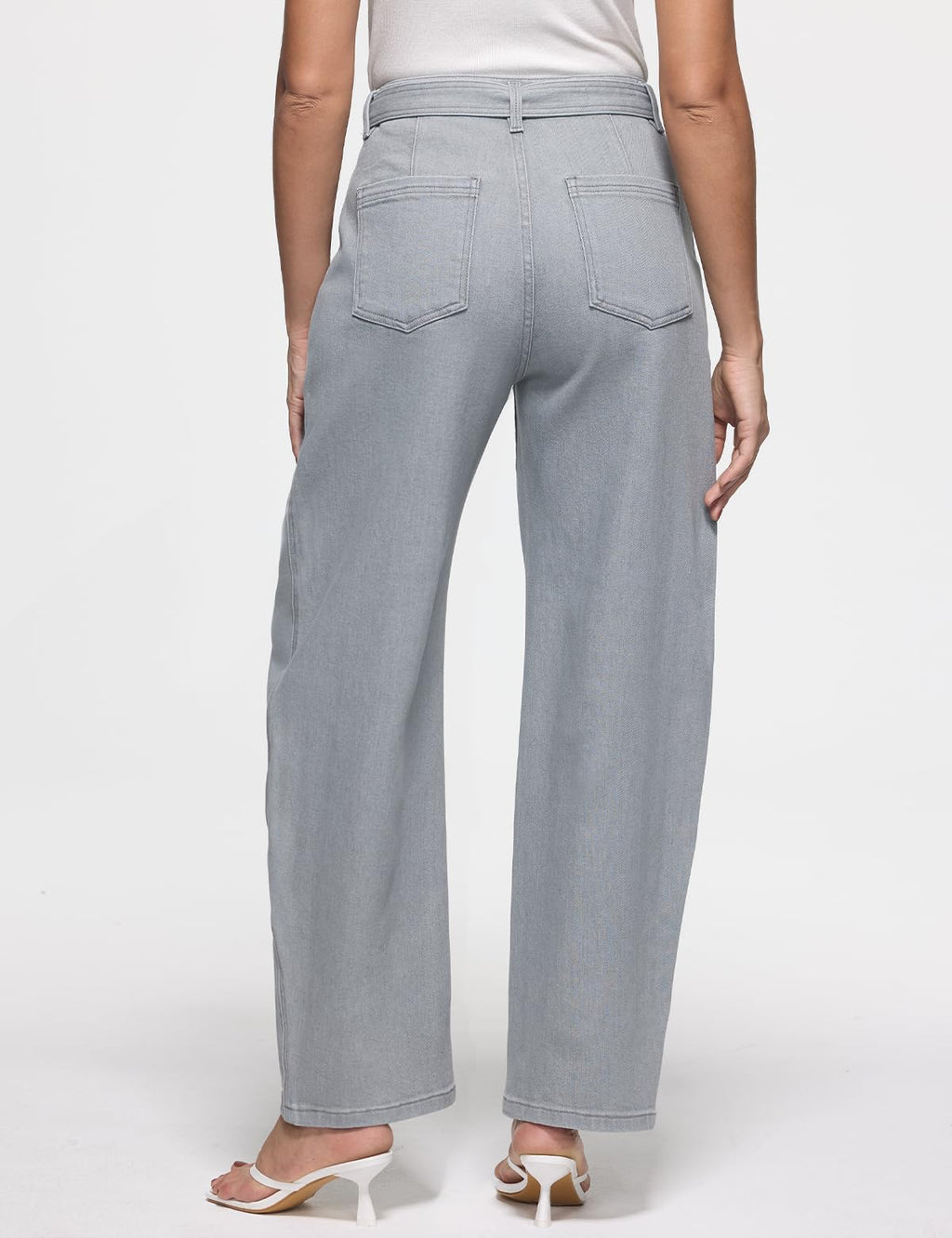 ZPIUO Barrel Jeans for Women - High Waisted Baggy Wide Leg Stretchy Denim Pants with Detachable Belt - Grey Size 8