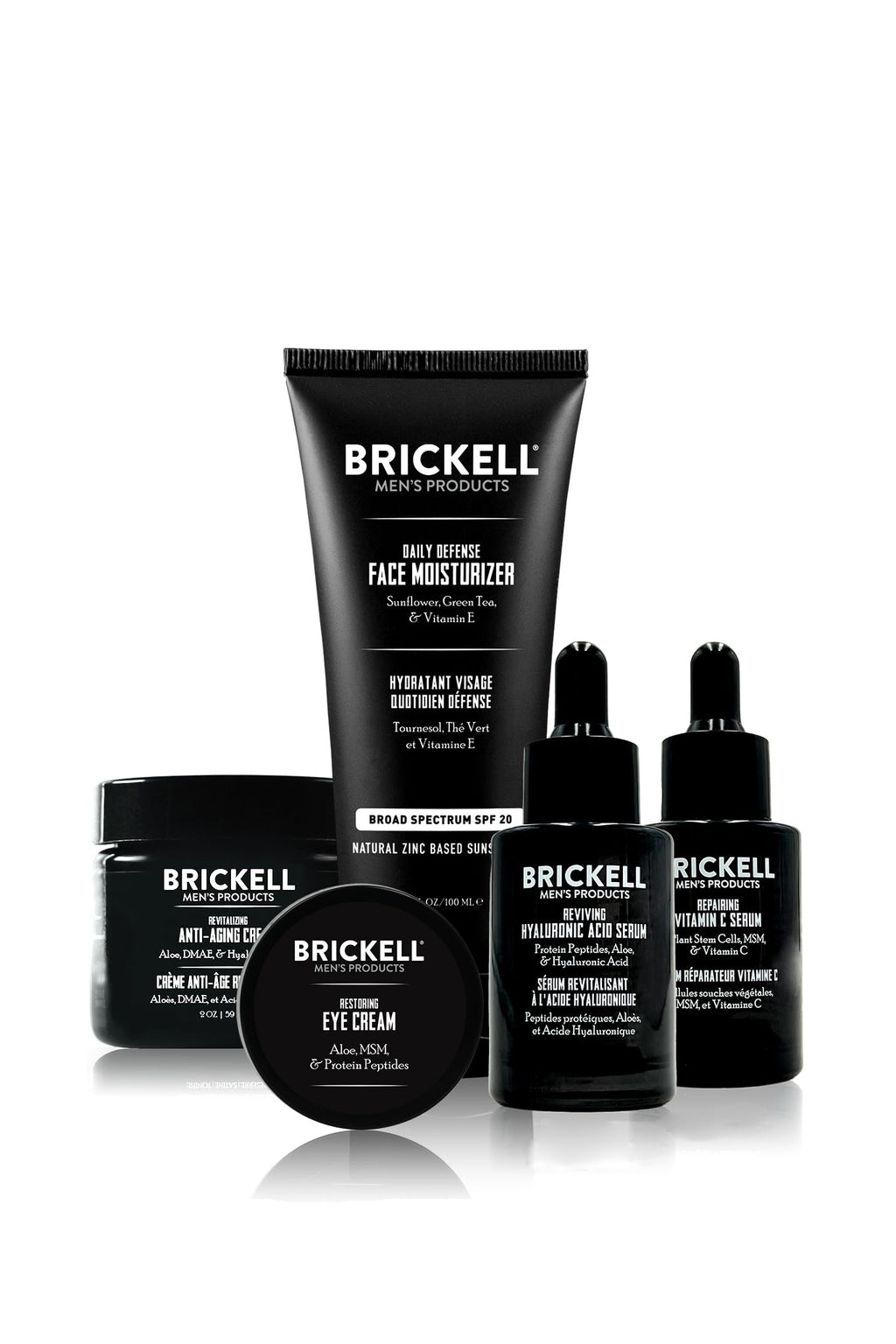 Brickell Men's Complete Defense Anti Aging Routine, Night Face Cream, Day & Night Serum, Facial Moisturizer w/SPF & Eye Cream, With Hyaluronic Acid, Peptides, and Vitamin C, Unscented